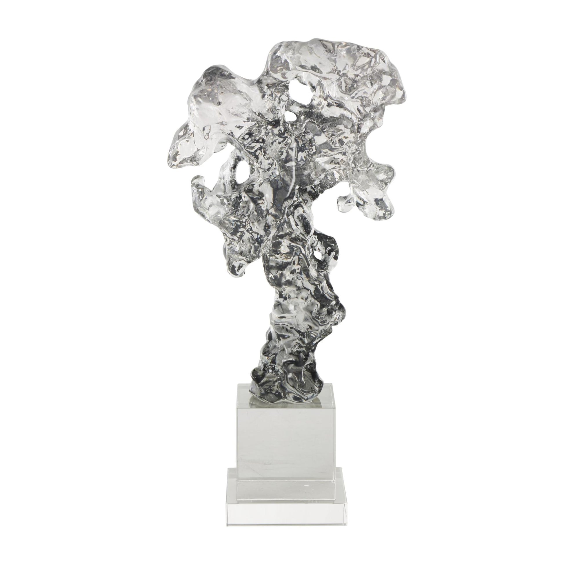 Abstract Clear Glass Handmade Freeform Decorative Sculpture with Clear Square Base