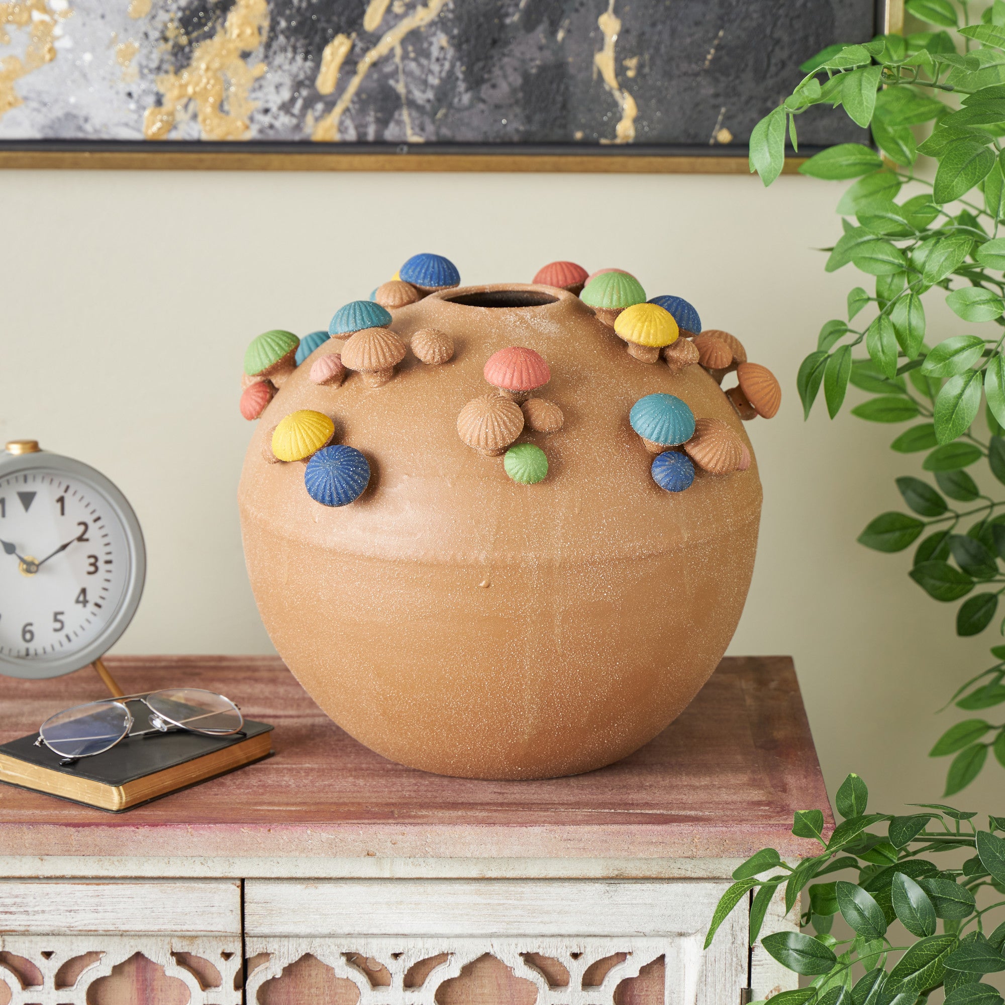 Mushroom Brown Ceramic Round Wide Decorative Vase with Multicolor Accents and White Speckles