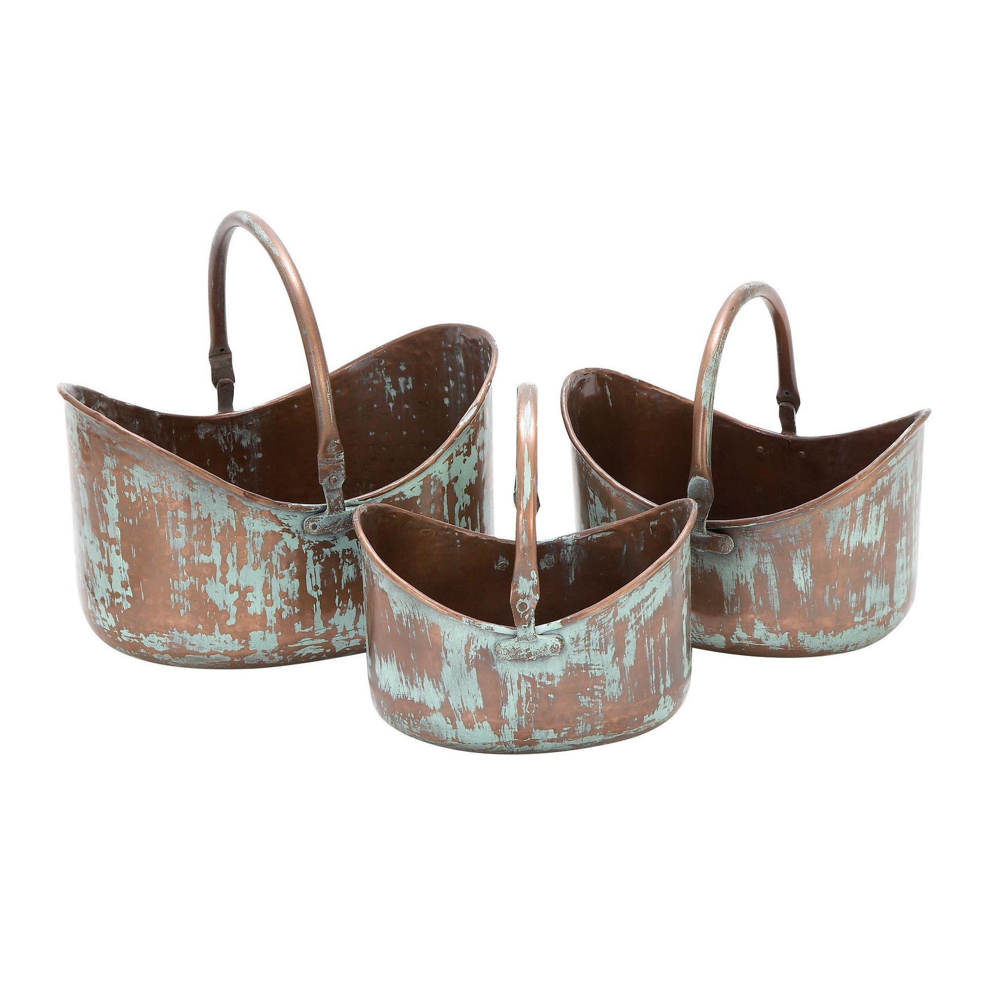Set of 3 Copper Metal Patina Tulip Style Bucket Indoor Outdoor Planter with Stationary Handles