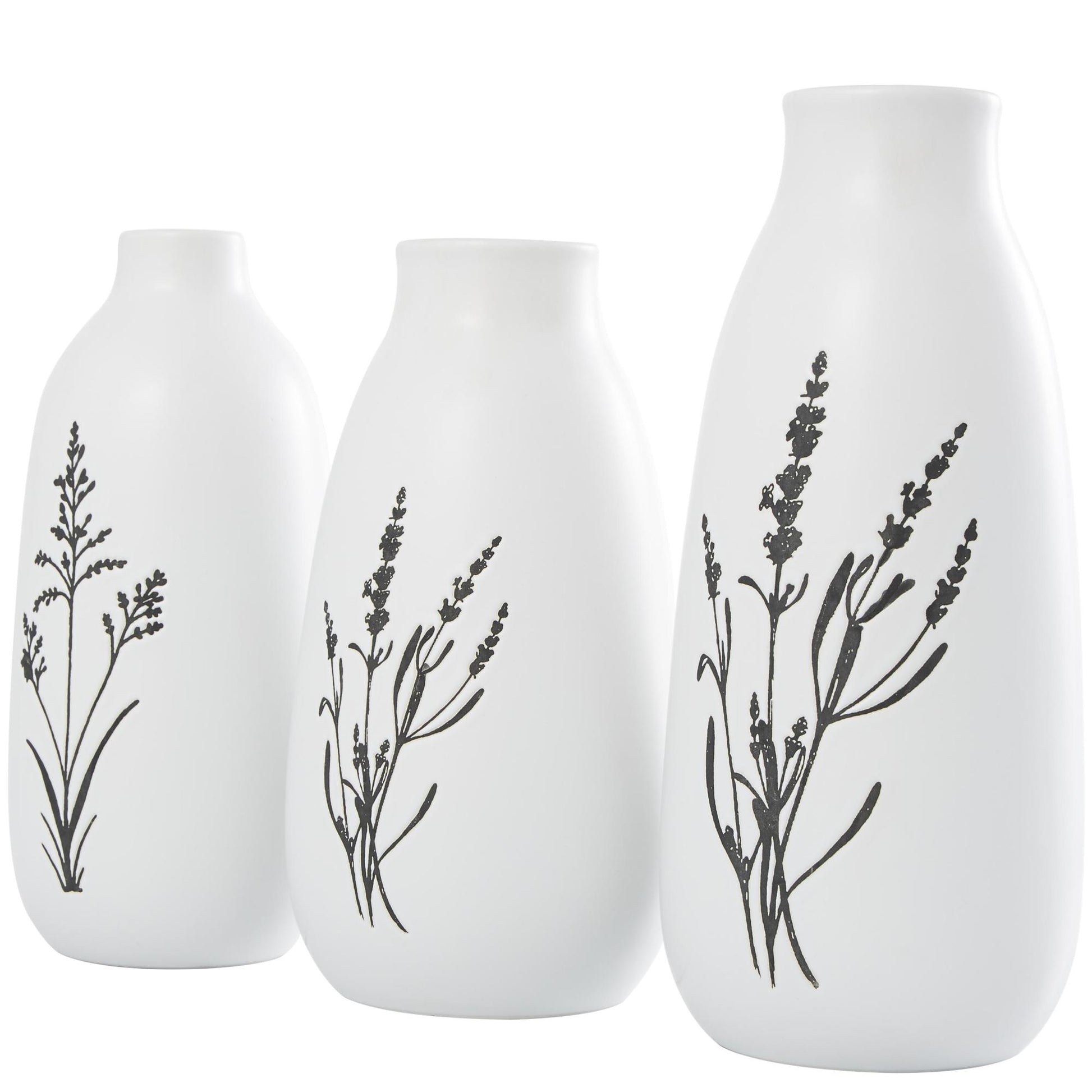 Set of 3 Floral White Ceramic Decorative Vase with Black Lavender Prints