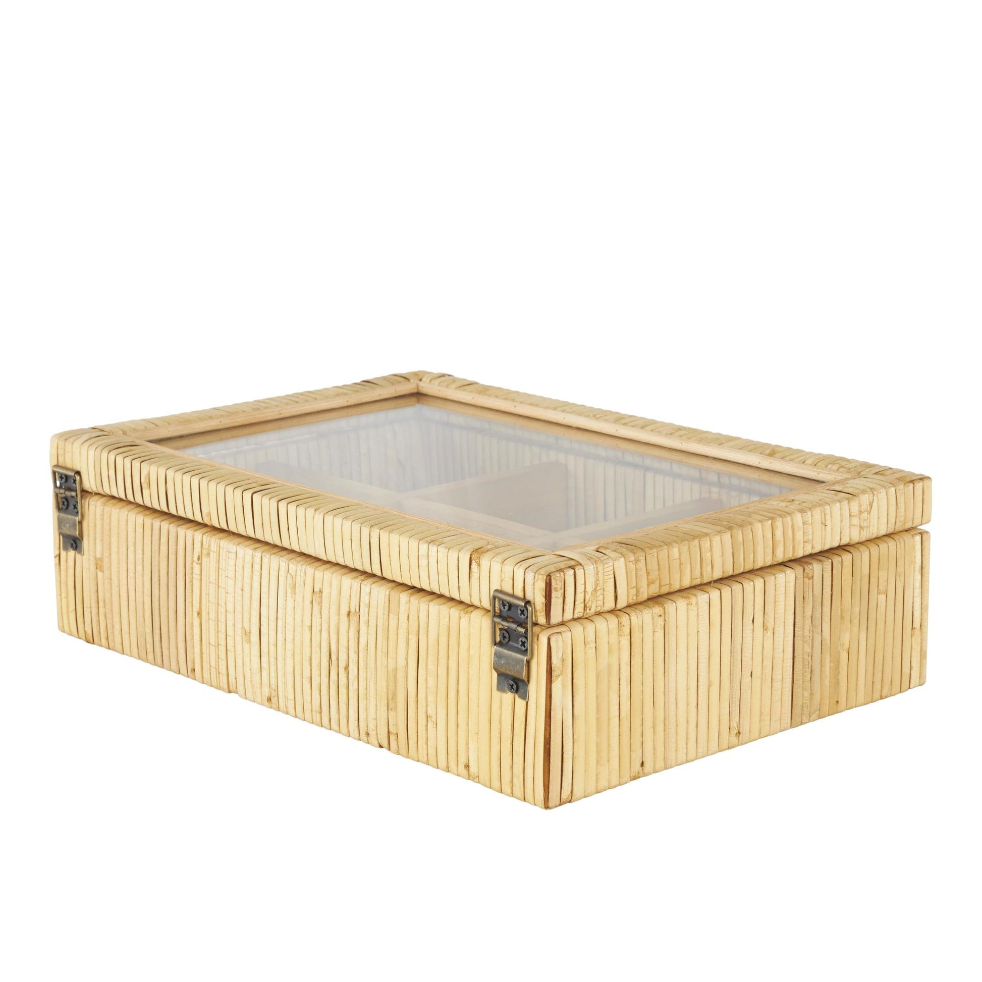 Brown Rattan Handmade Wrapped 6 Slot Decorative Jewelry Box with Tempered Glass Top