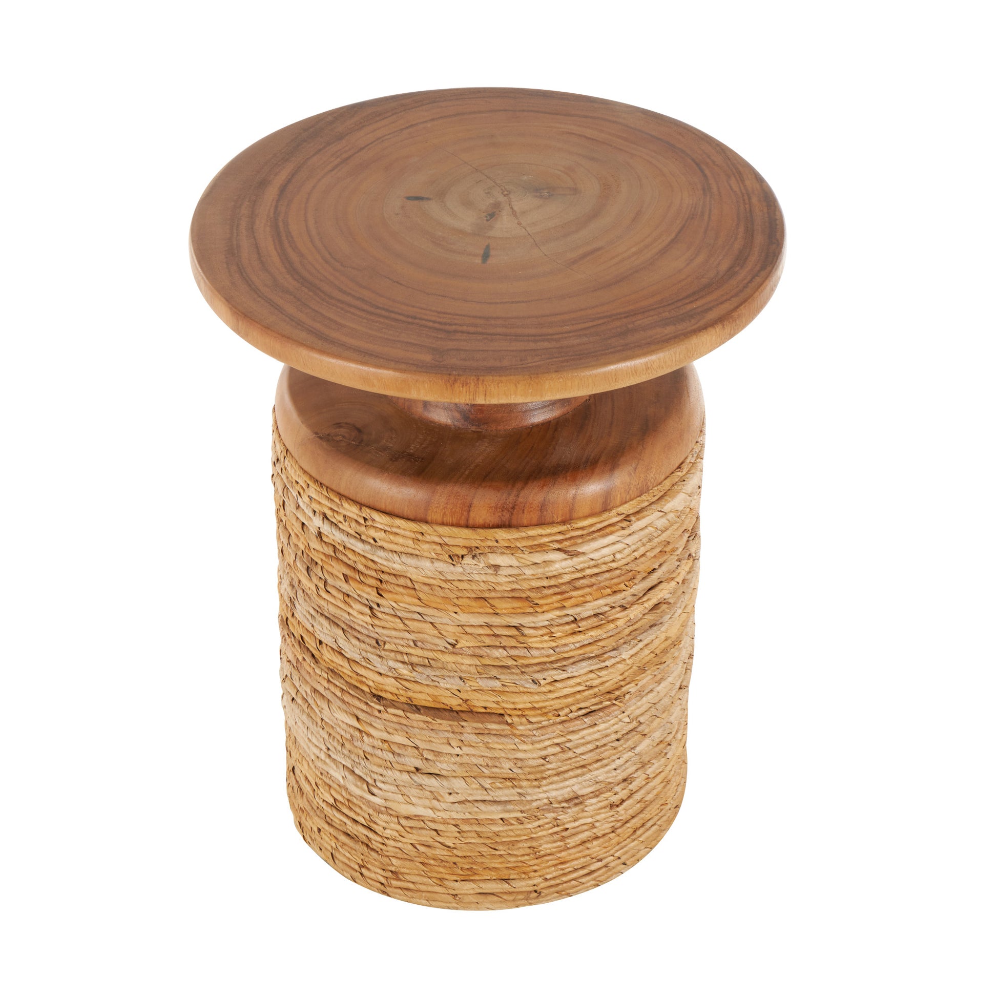 Brown Banana Leaf Handmade Woven Side End Accent Table with Wooden Tabletop