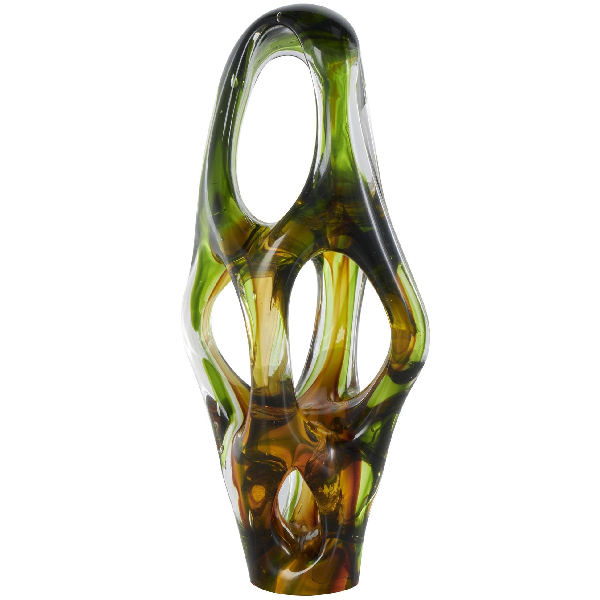 Abstract Green Glass Ombre Cutout Decorative Sculpture with Amber Accents