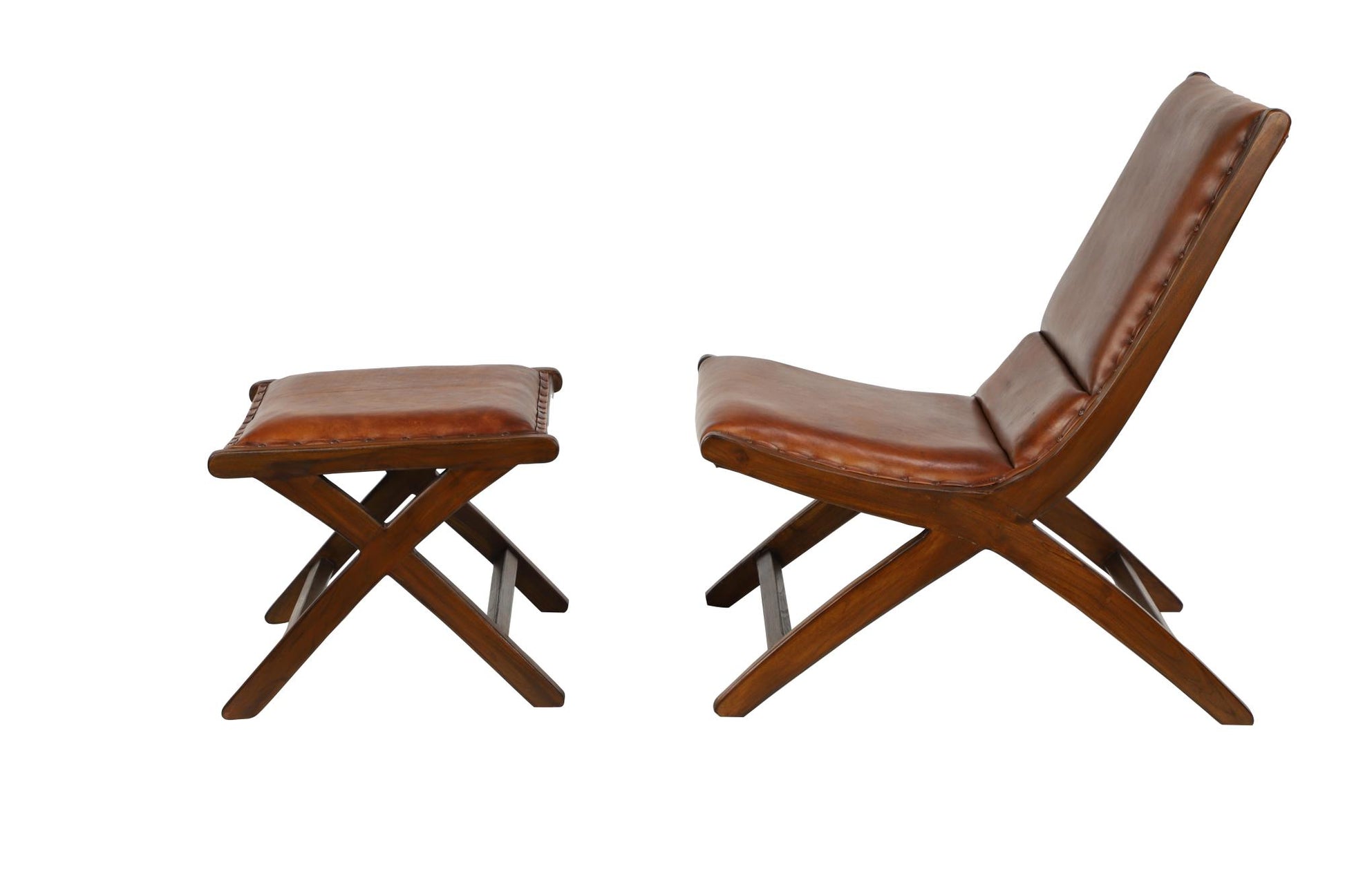 Teak Wood Handmade Upholstered Leather Accent Chair with Ottoman