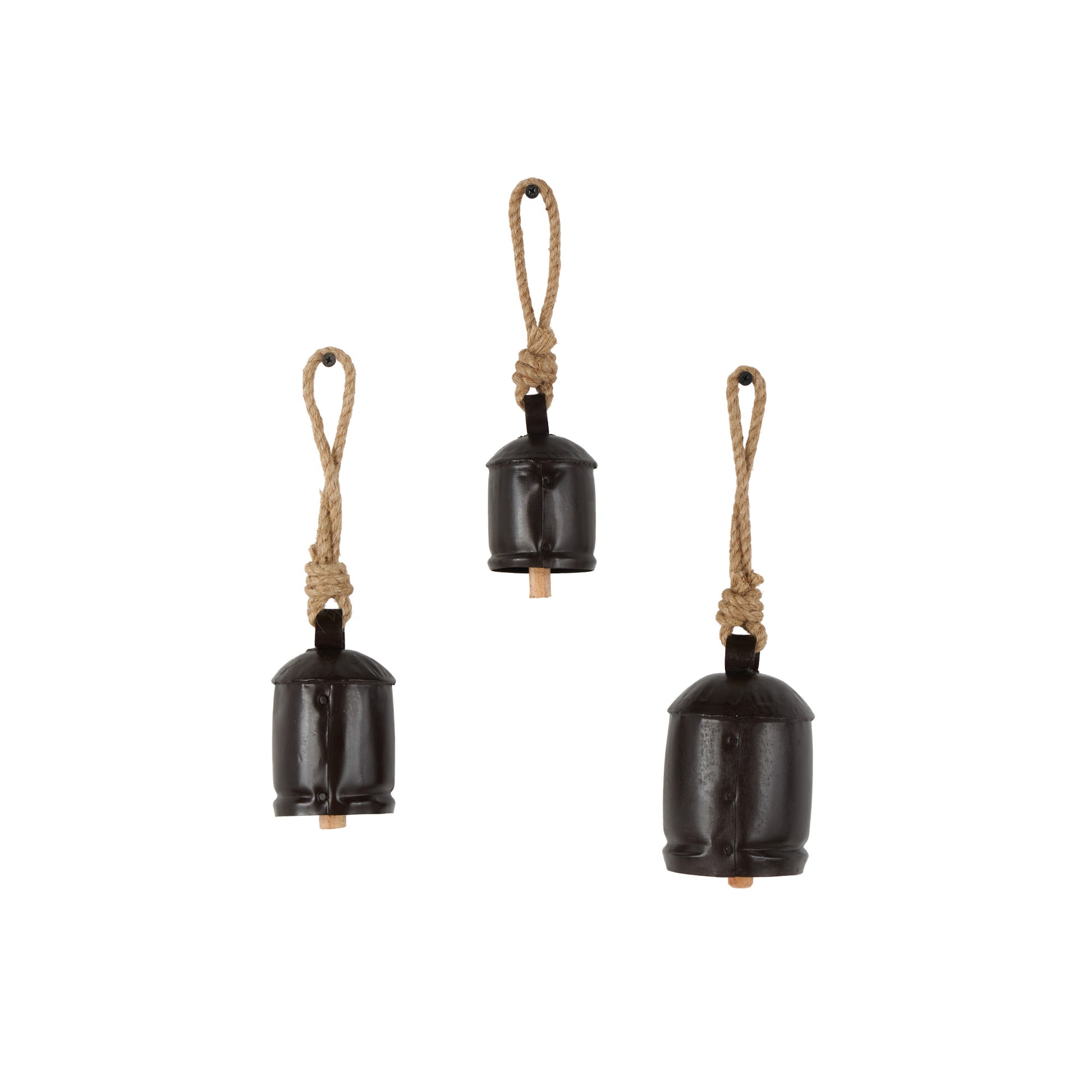 Set of 3 Metal Tibetan Inspired Indoor Outdoor Decorative Cow Bells with Jute Hanging Rope