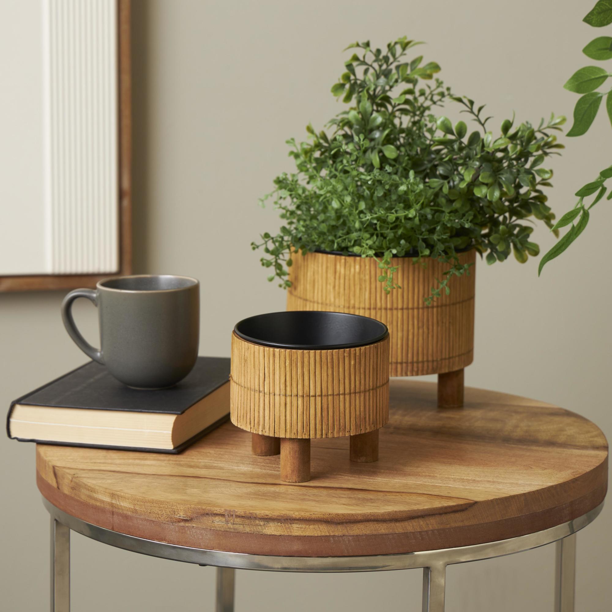 Set of 2 Brown Bamboo Wood Handmade Indoor Planter with Black Metal Interior