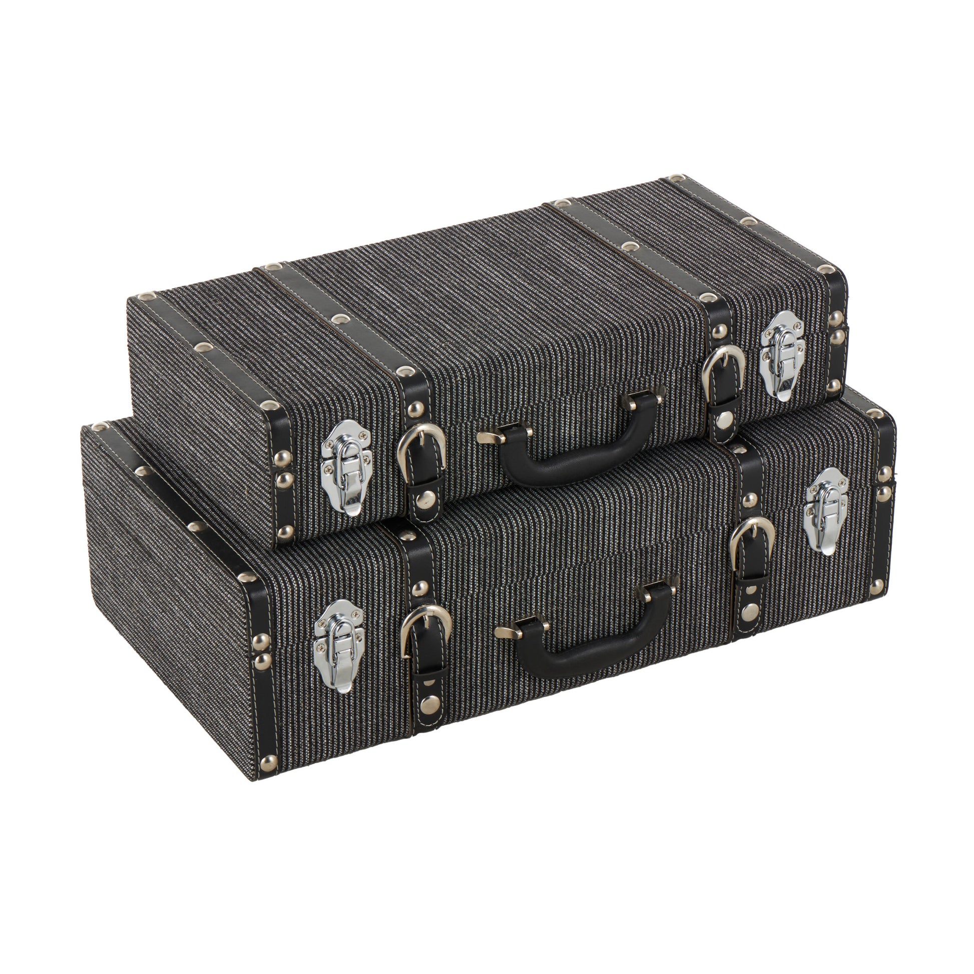 Set of 2 Black Fabric Woven Storage Decorative Trunk with Silver Latches and Buckles