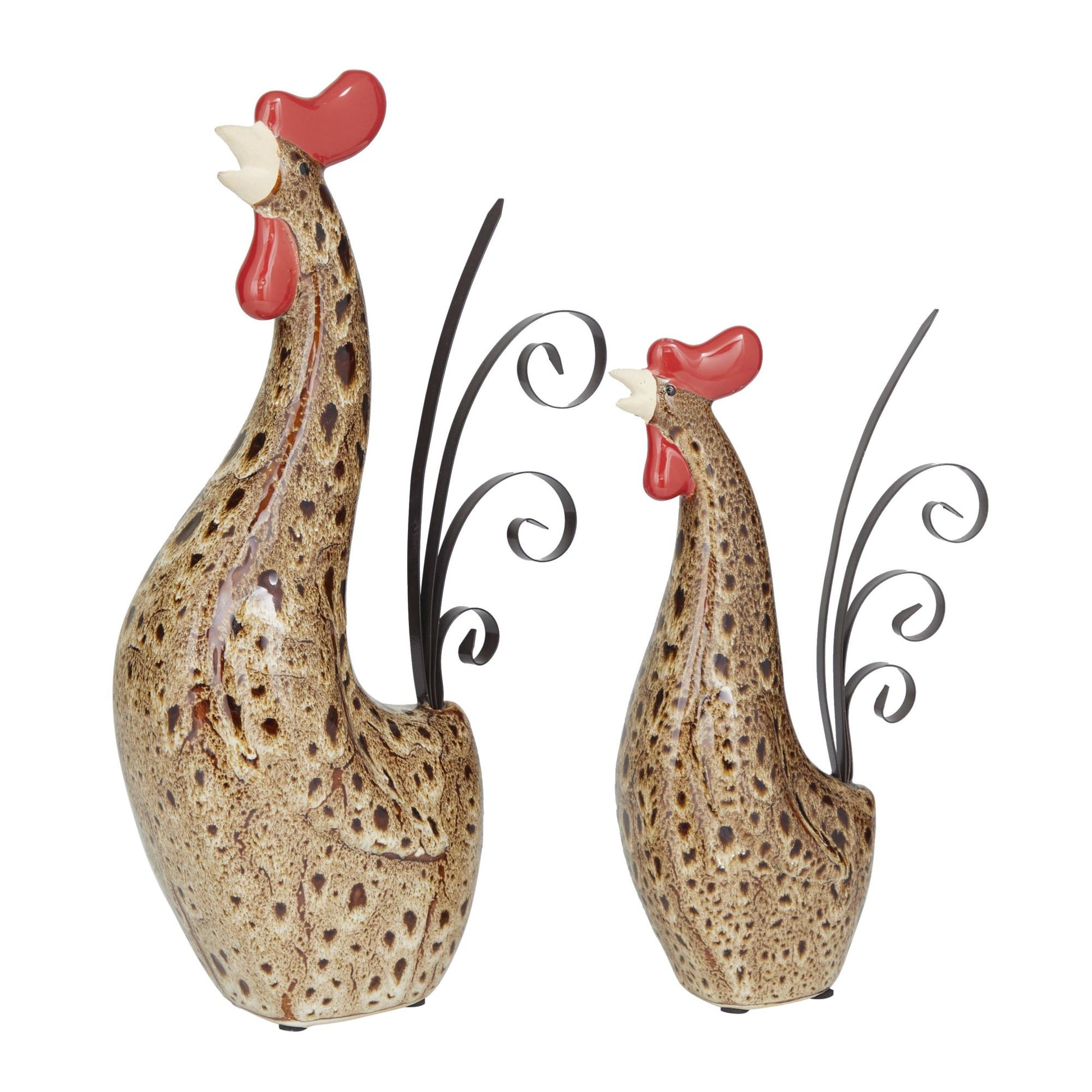 Set of 2 Rooster Cream Ceramic Indoor Outdoor Standing Decorative Garden Sculpture with Reactive Glaze Finish