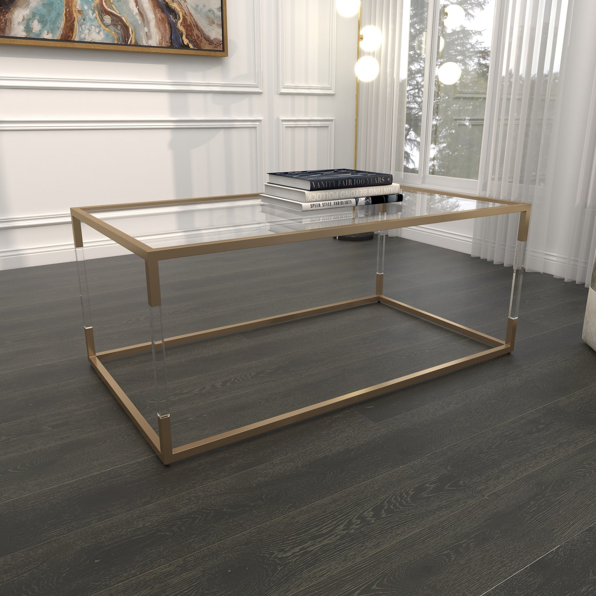 Metal Minimalistic Open Framed Living Room Coffee Table with Clear Glass Top and Acrylic Legs 46" x 24" x 19"