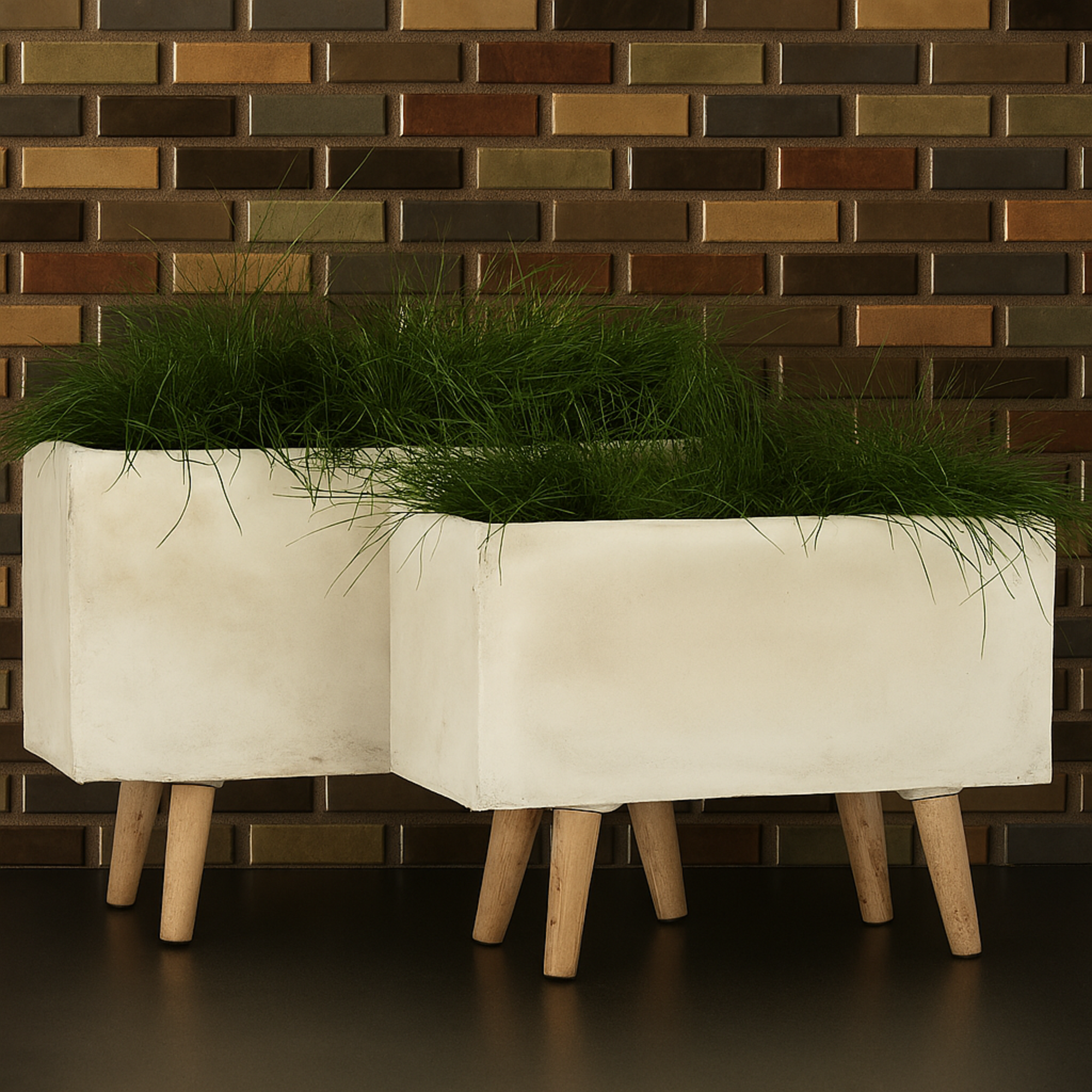 Set of 2 White Fiberclay Ceramic Rectangular Indoor Outdoor Planter with Brown Wooden Legs