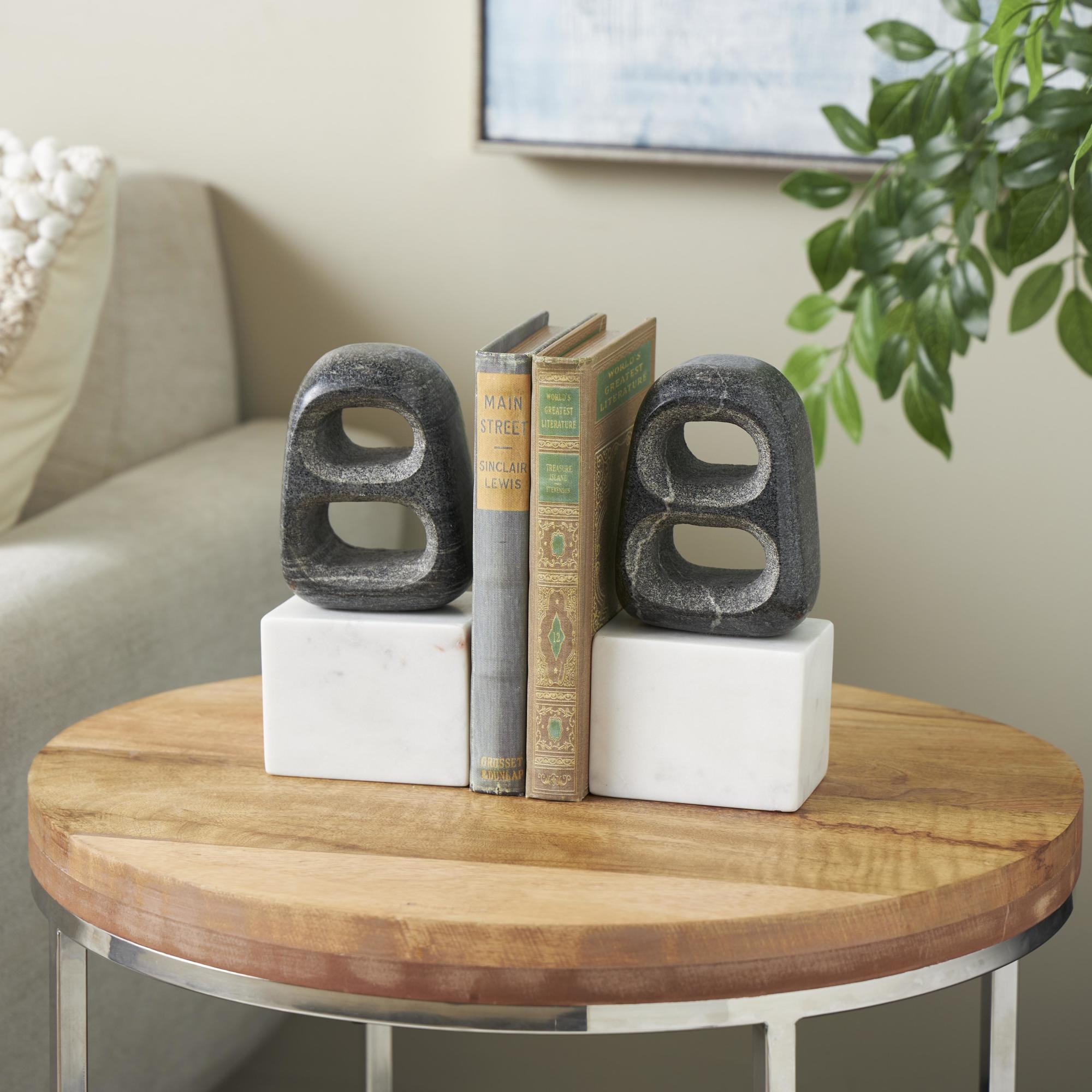 Set of 2 Geometric White Marble Cutout Oval Decorative Bookends with White Block Base