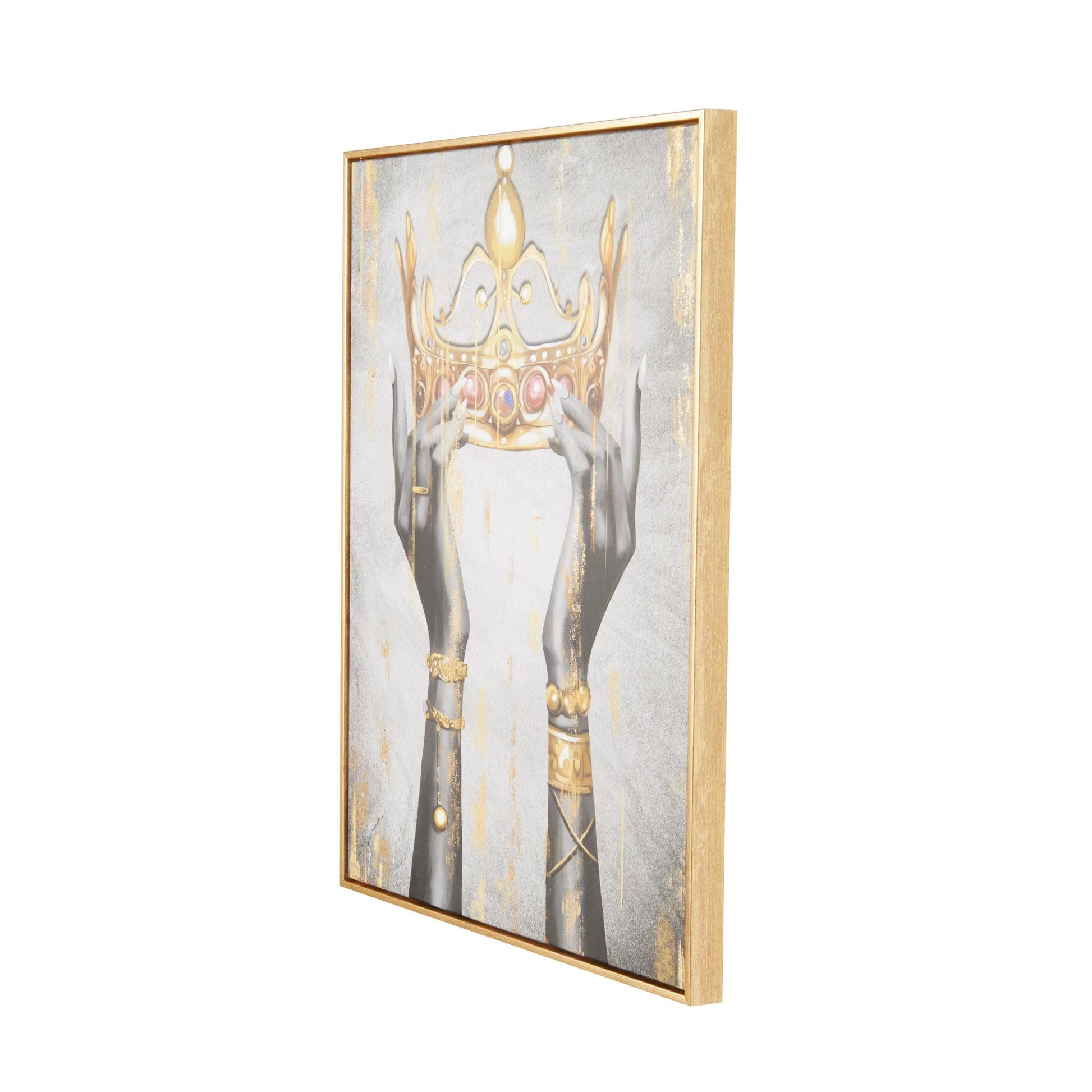 Crown Gold Canvas Living Room Framed Wall Art with Shaded Hands and Metallic Foil Accents