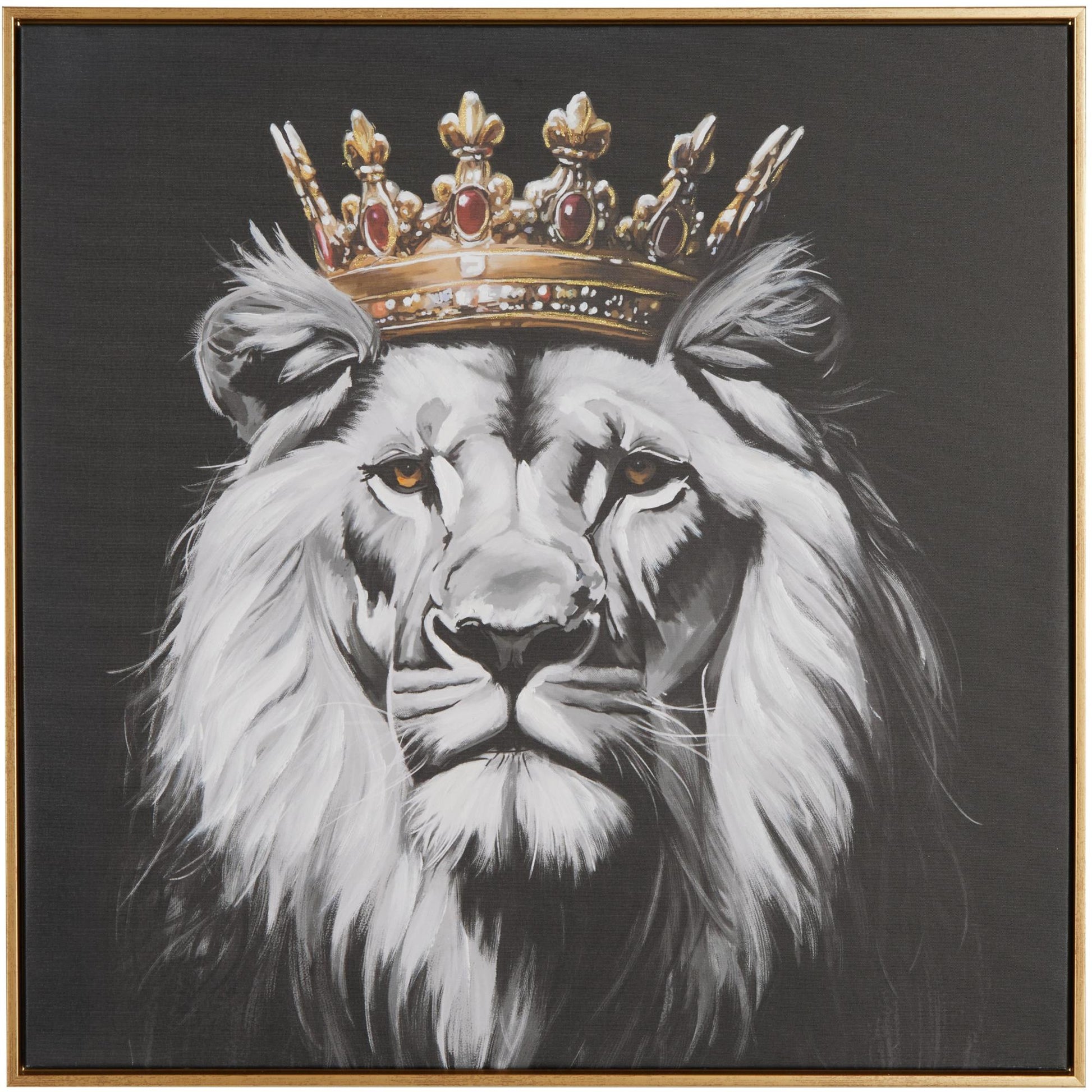 Lion Black Canvas Shaded Living Room Framed Wall Art with Gold Jeweled Crown