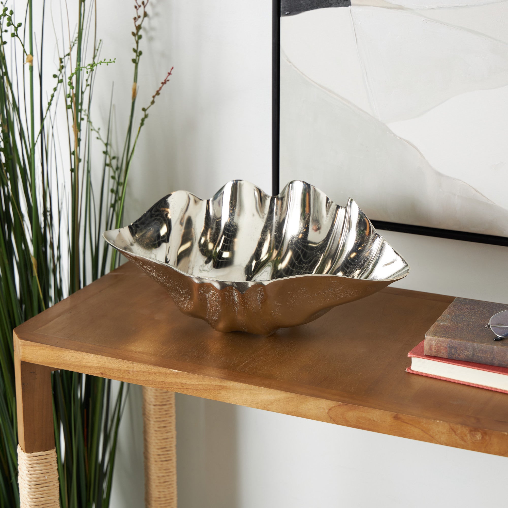 Shell Silver Aluminum Metal Textured Large Decorative Bowl