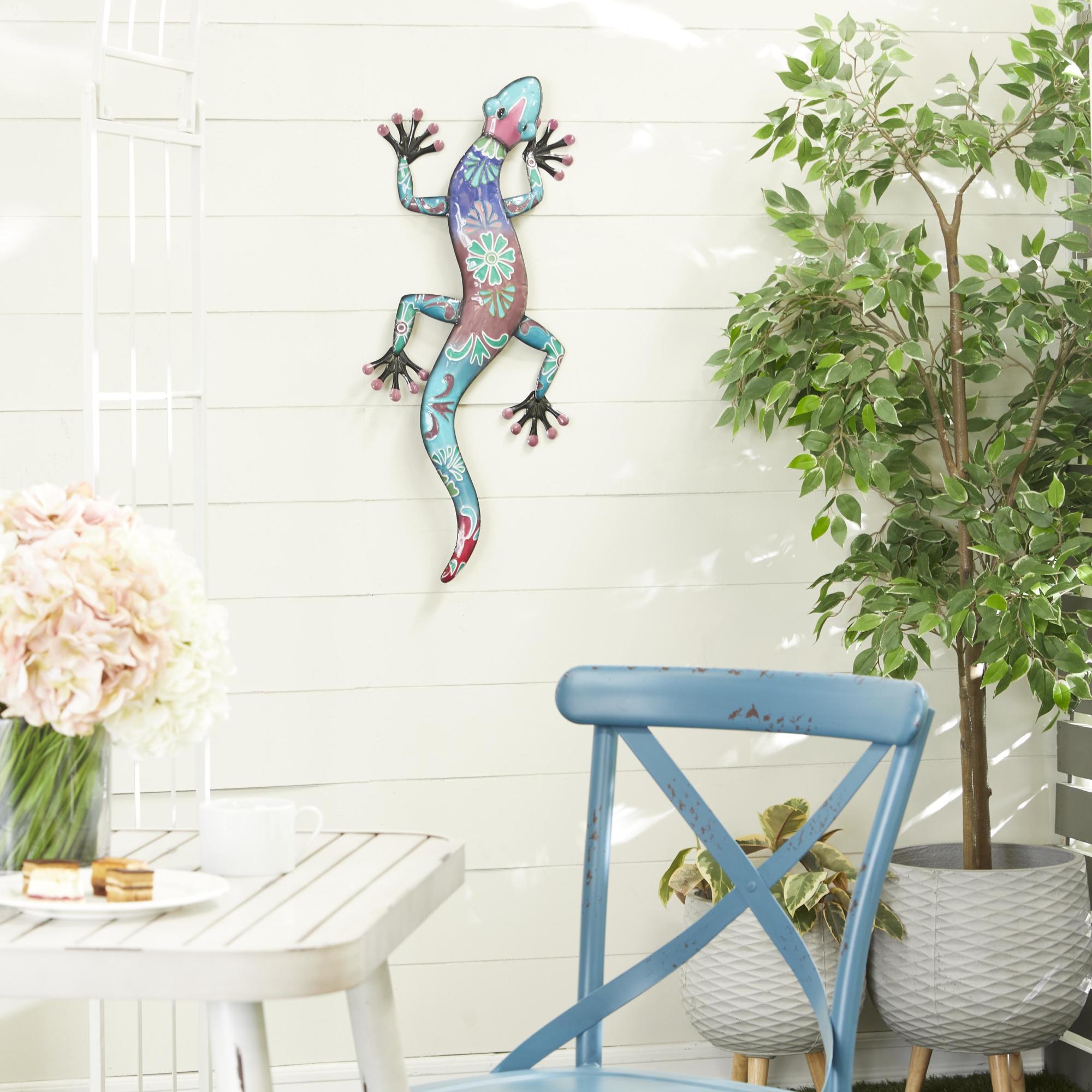 Lizard Metal Indoor Outdoor Home Wall Decor with Teal and Yellow Accents 15" x 2" x 32"