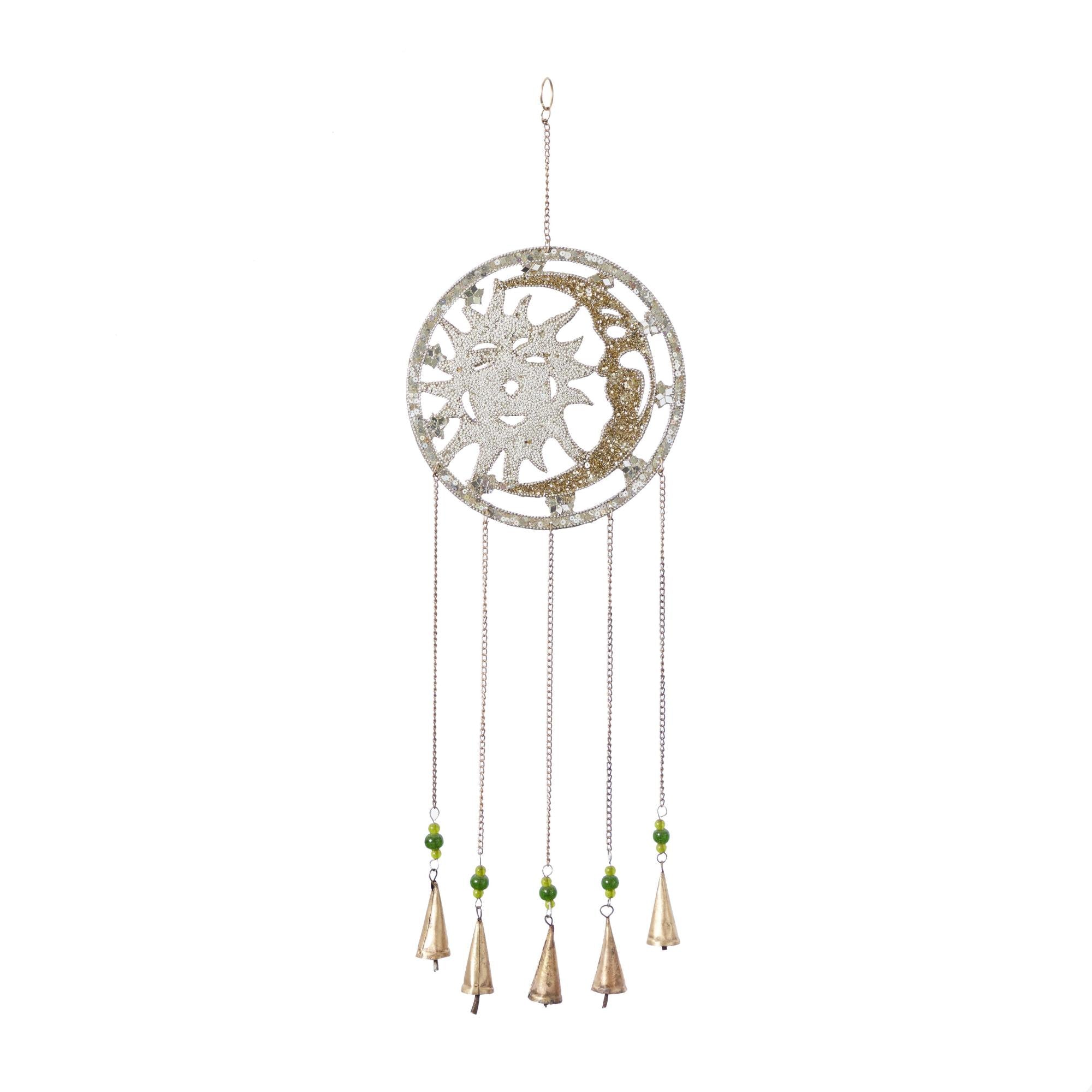 Sun and Moon Silver Metal Handmade Indoor Outdoor Windchime with Glass Beads and Bells