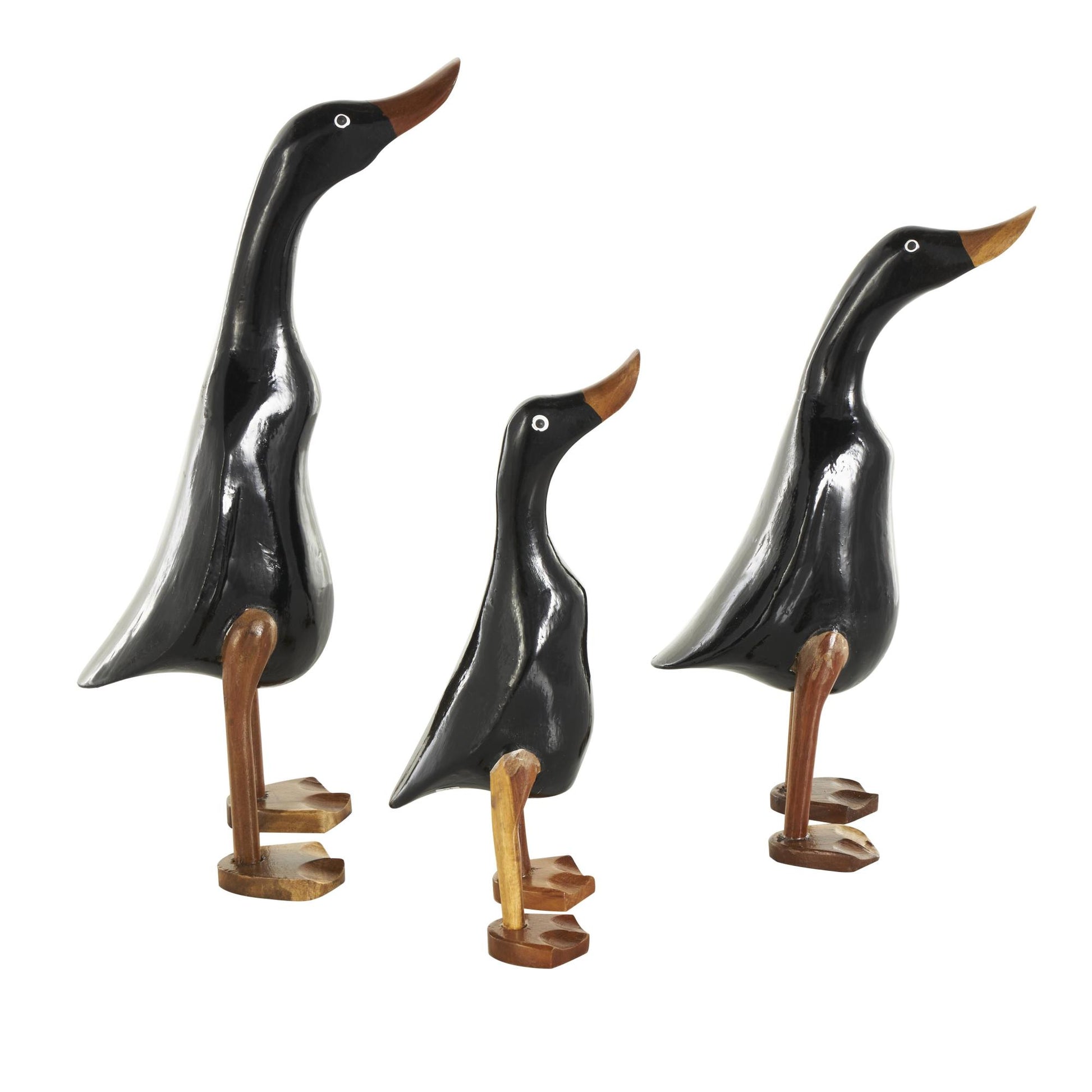 Set of 3 Duck Black Wood Decorative Sculpture with Brown Accents