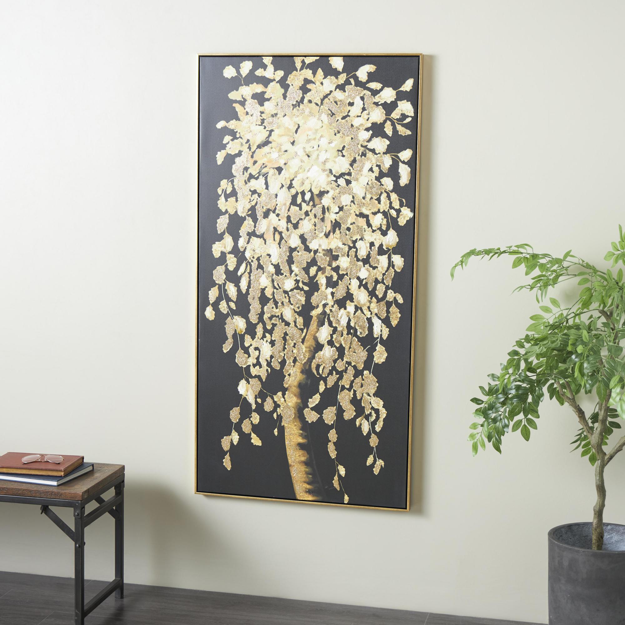 Tree Black Canvas Living Room Framed Wall Art with Gold Foil Accents