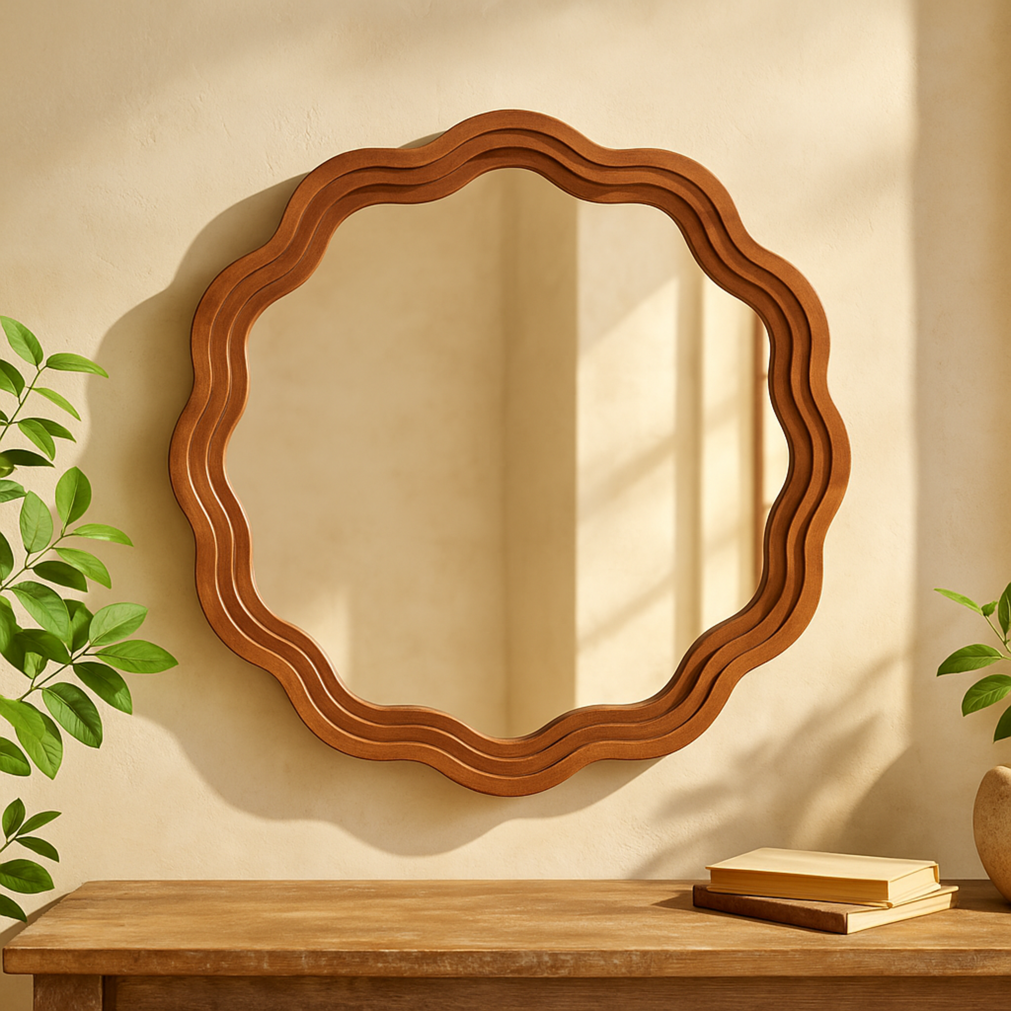 Brown Wood Handmade Wavy Room Wall Mirror with Dimensional Carved Frame