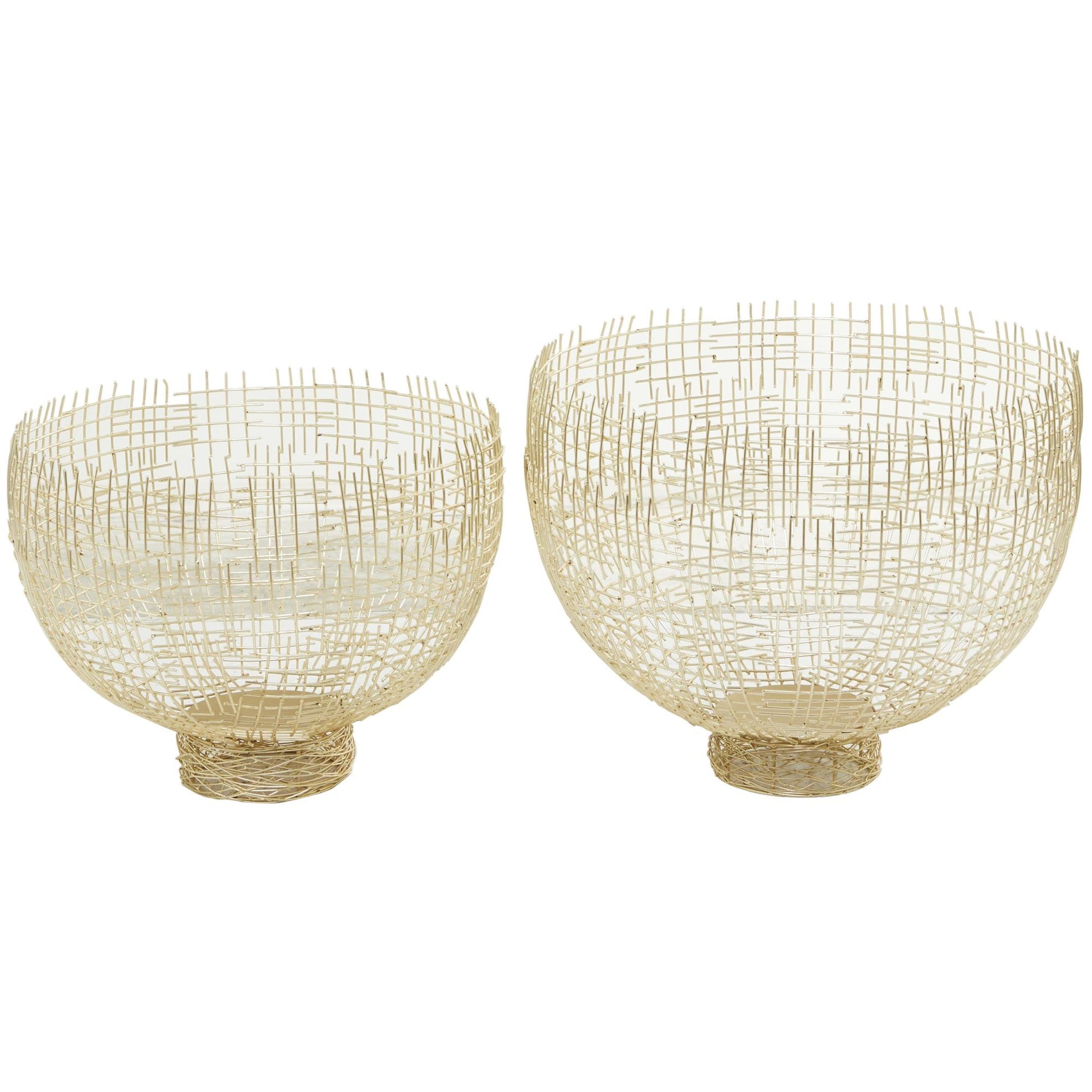 Set of 2 Gold Metal Large Decorative Bowl with Cross Hatching Patterns