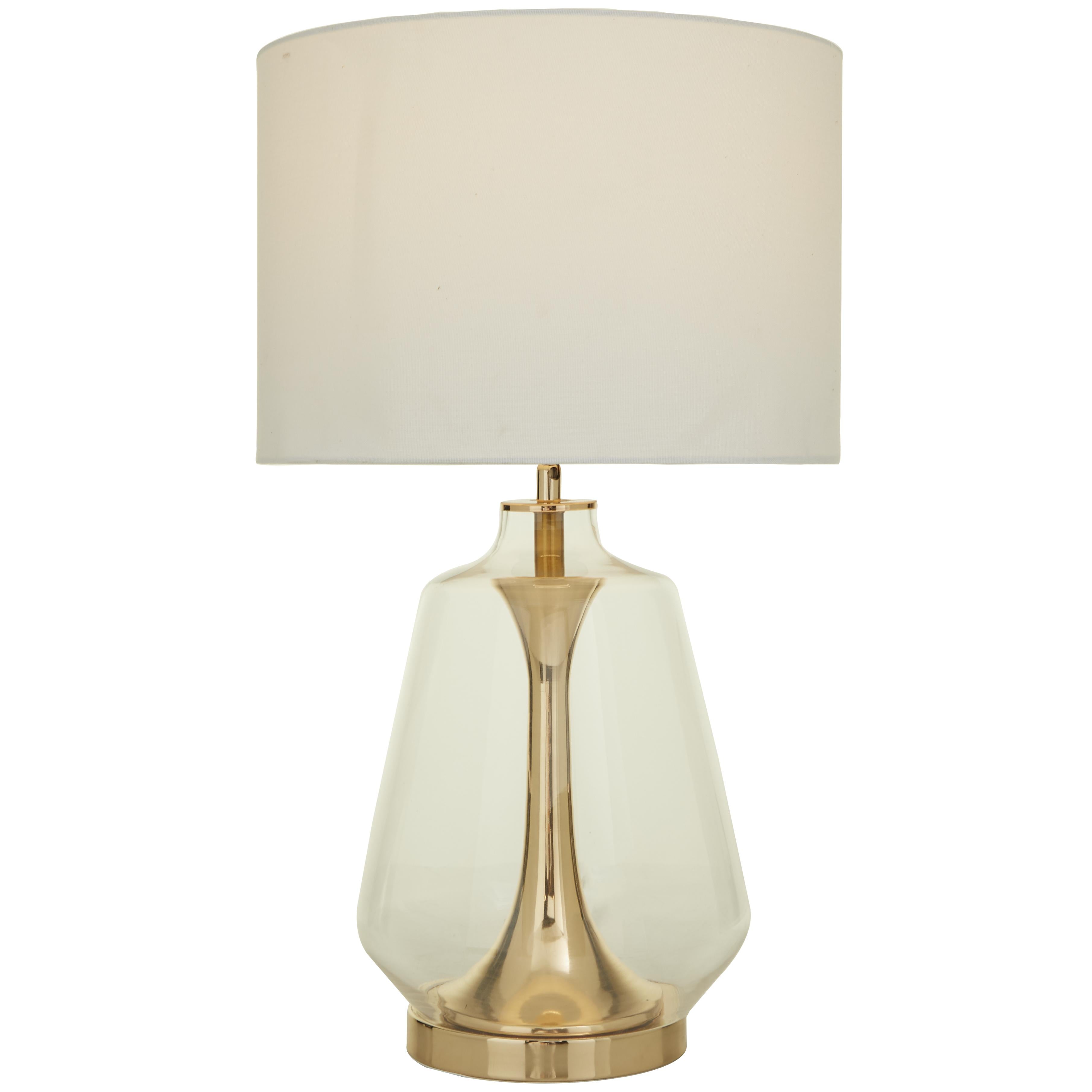 CosmoLiving by Cosmopolitan Gold Tempered Glass Transparent Base Room Table Lamp with Drum Shade