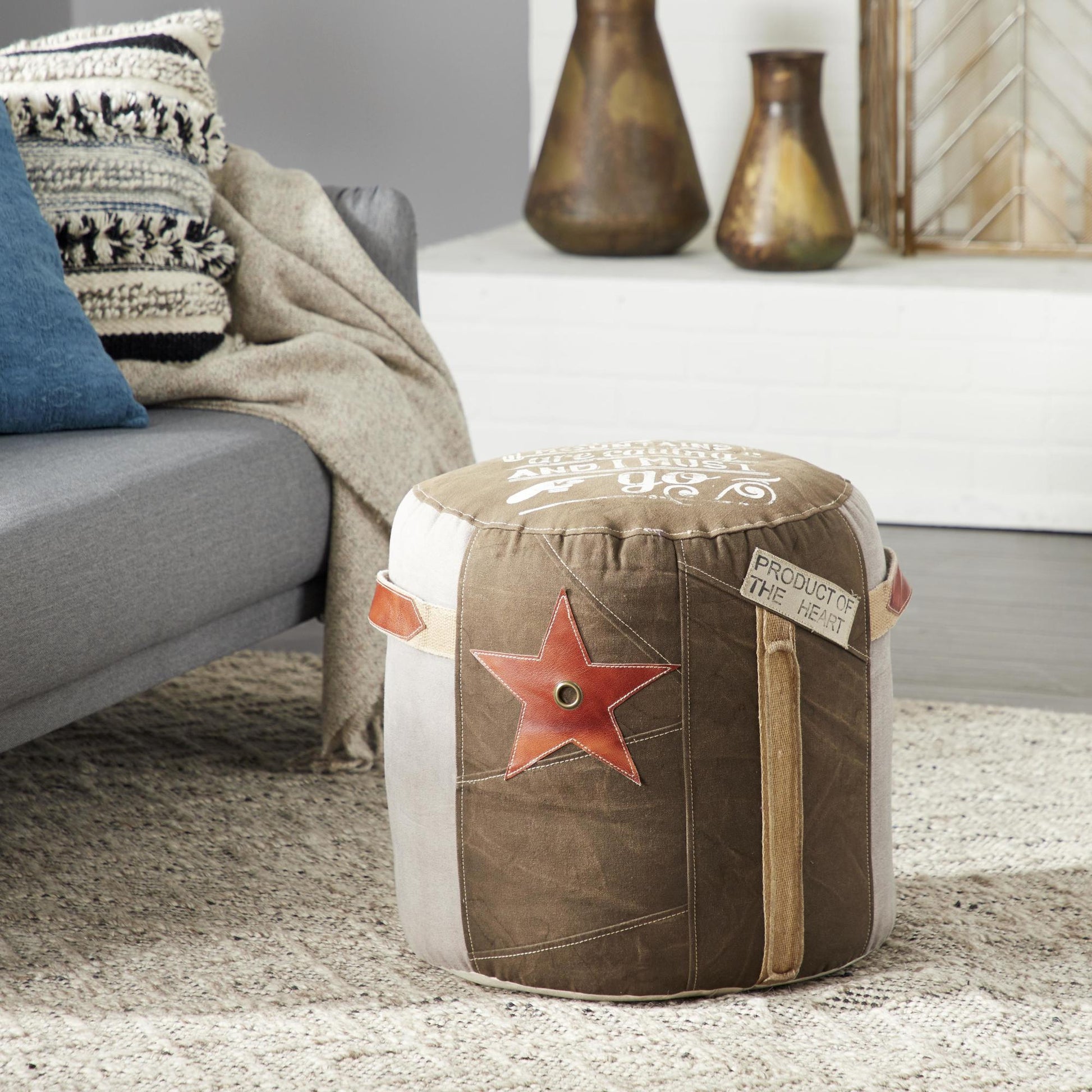 Star Canvas Stuffed Pouf with Leather Accents