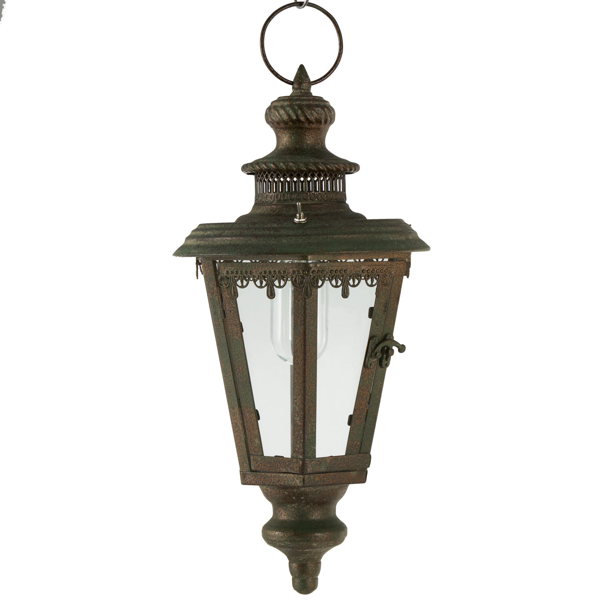 Floral Brown Metal Lighthouse Style Decorative Indoor Outdoor Candle Lantern with Ring Handle
