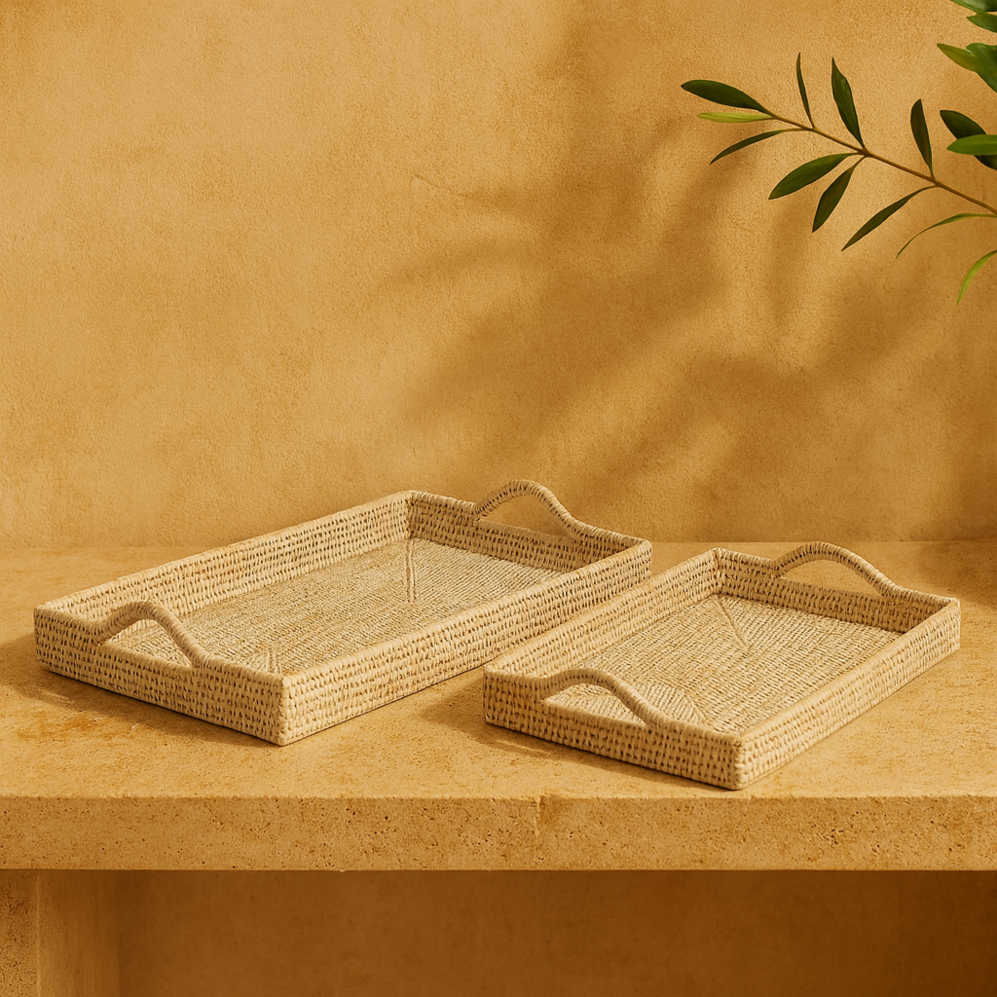 Set of 2 Rattan Large Rectangular Woven Living Room Decor Tray