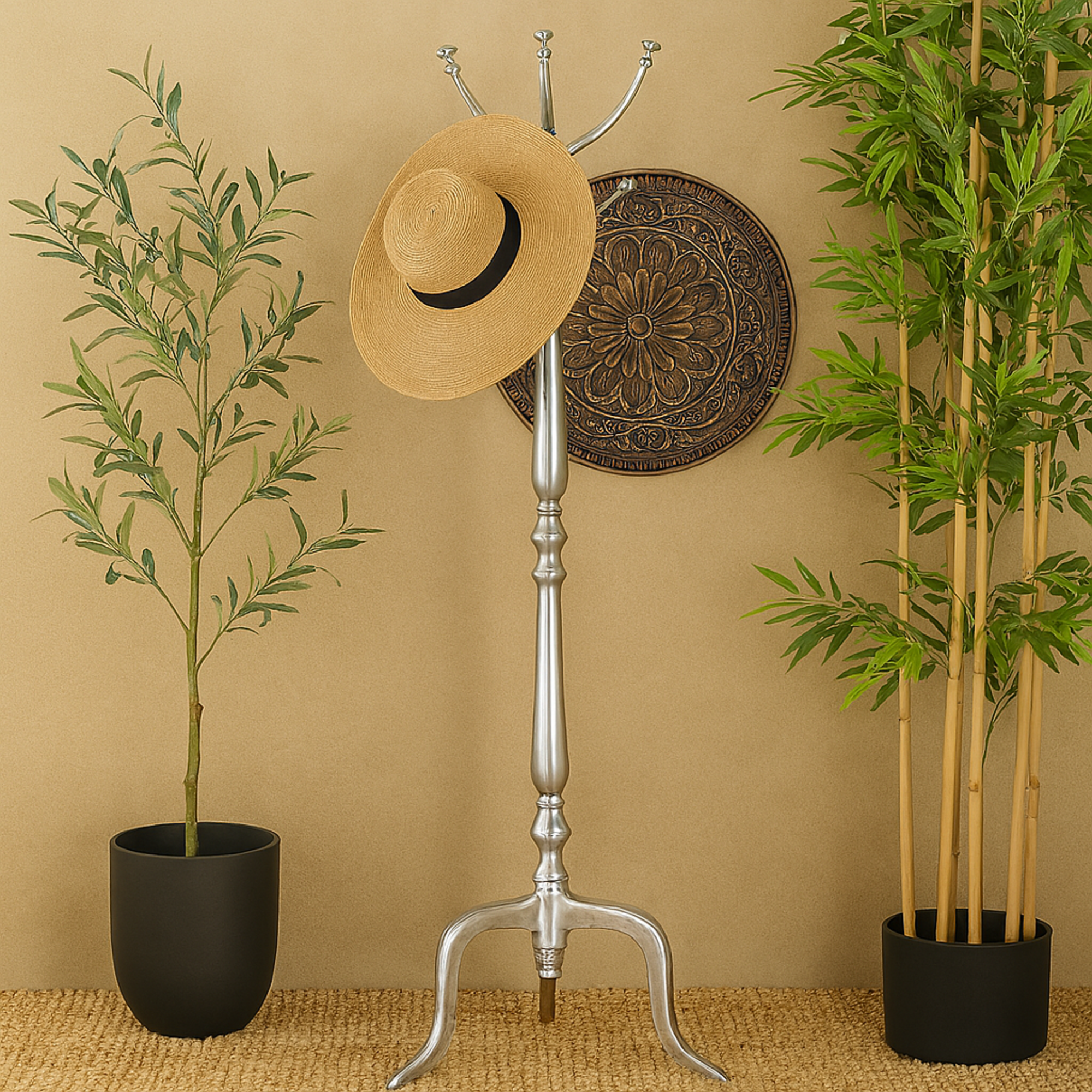 Silver Metal 5 Hook Freestanding Coat Rack