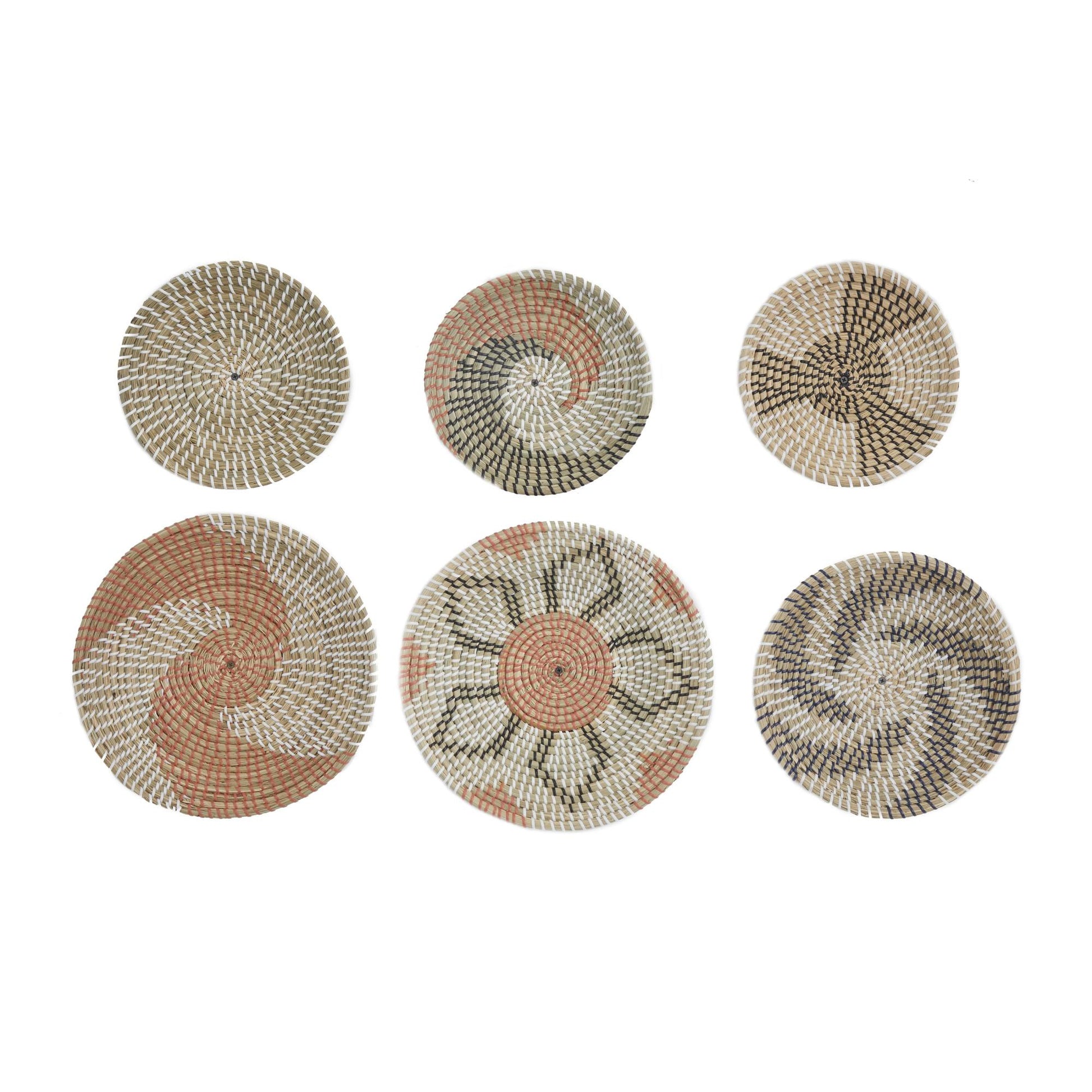 Set of 6 Plate Orange Seagrass Handmade Patterned Basket Home Wall Decor