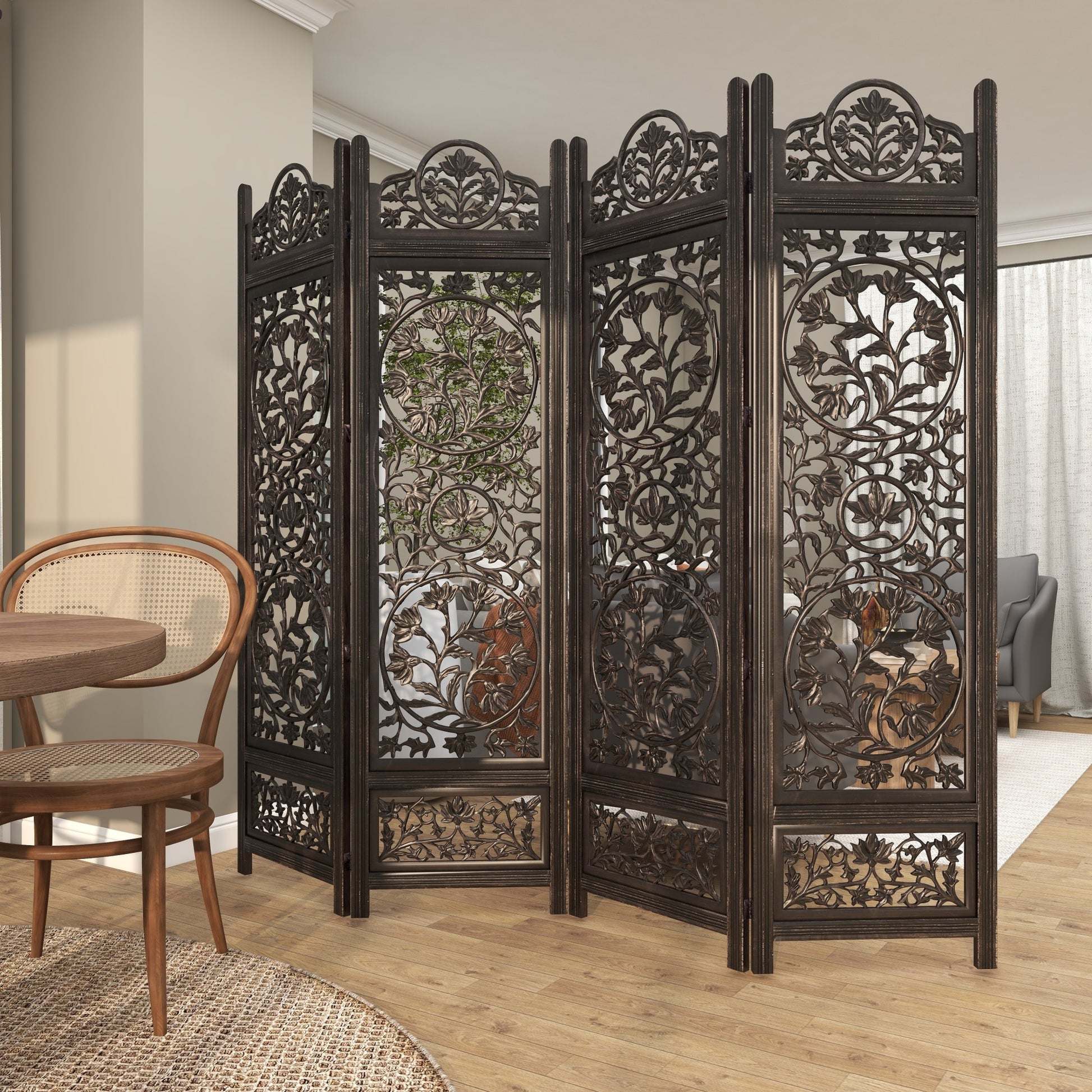 Floral Black Wood Handmade Foldable Partition Carved 4 Panel Partition Room Divider Screen