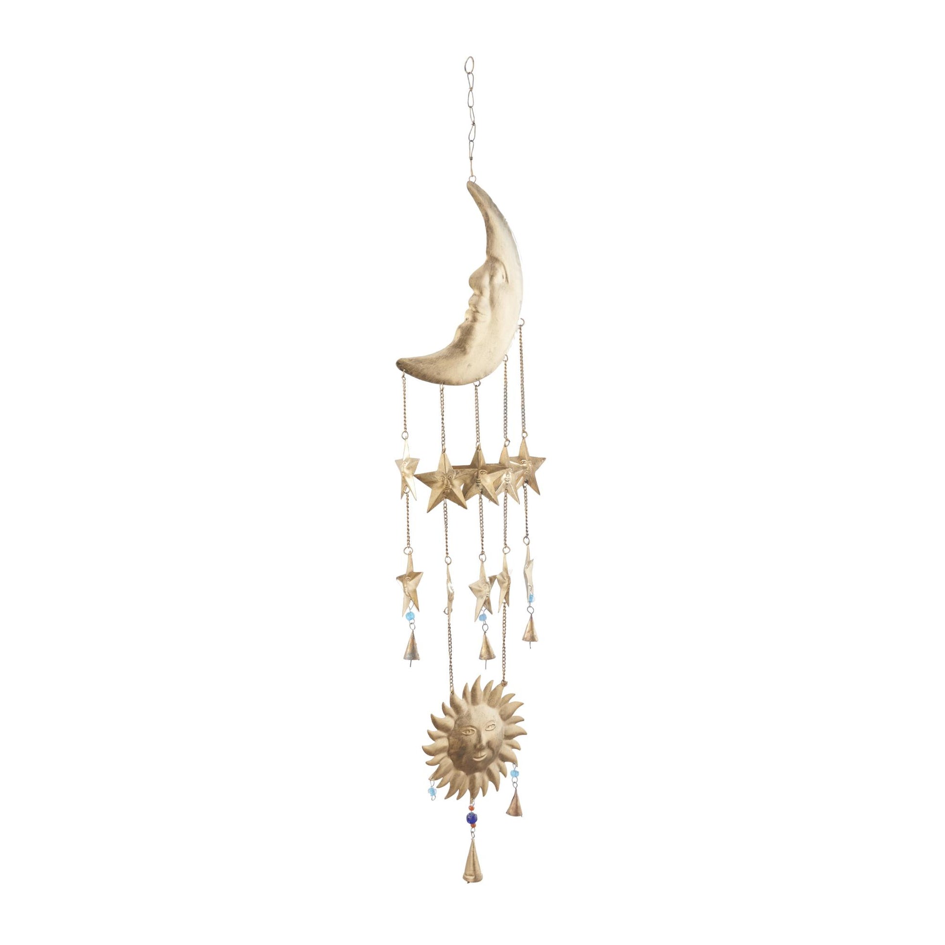 Sun and Moon Gold Metal Handmade Indoor Outdoor Windchime with Glass Beads and Cone Bells