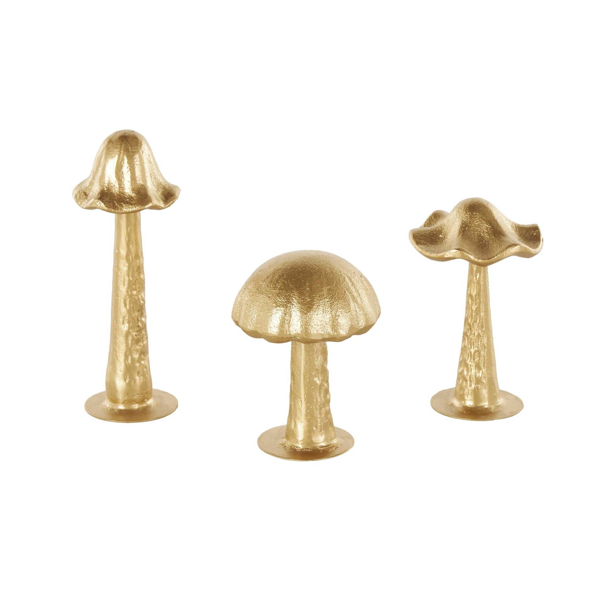 Set of 3 Mushroom Gold Metal Metallic Decorative Sculpture with Round Base