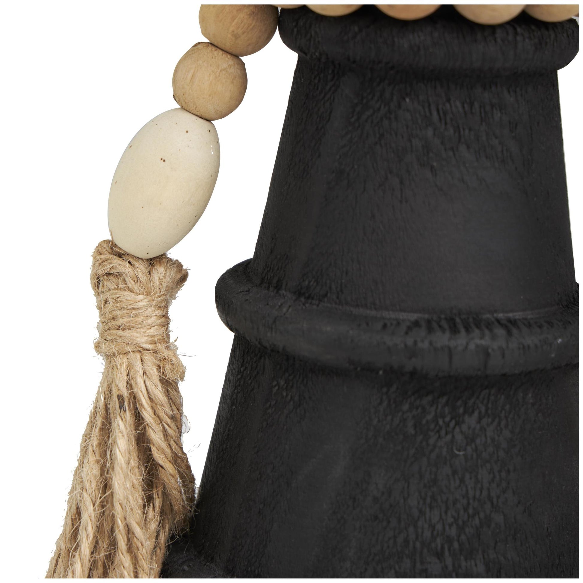 Set of 2 Black Wood Handmade Textured Matte Decorative Candle Holder with Beaded Garland Accent