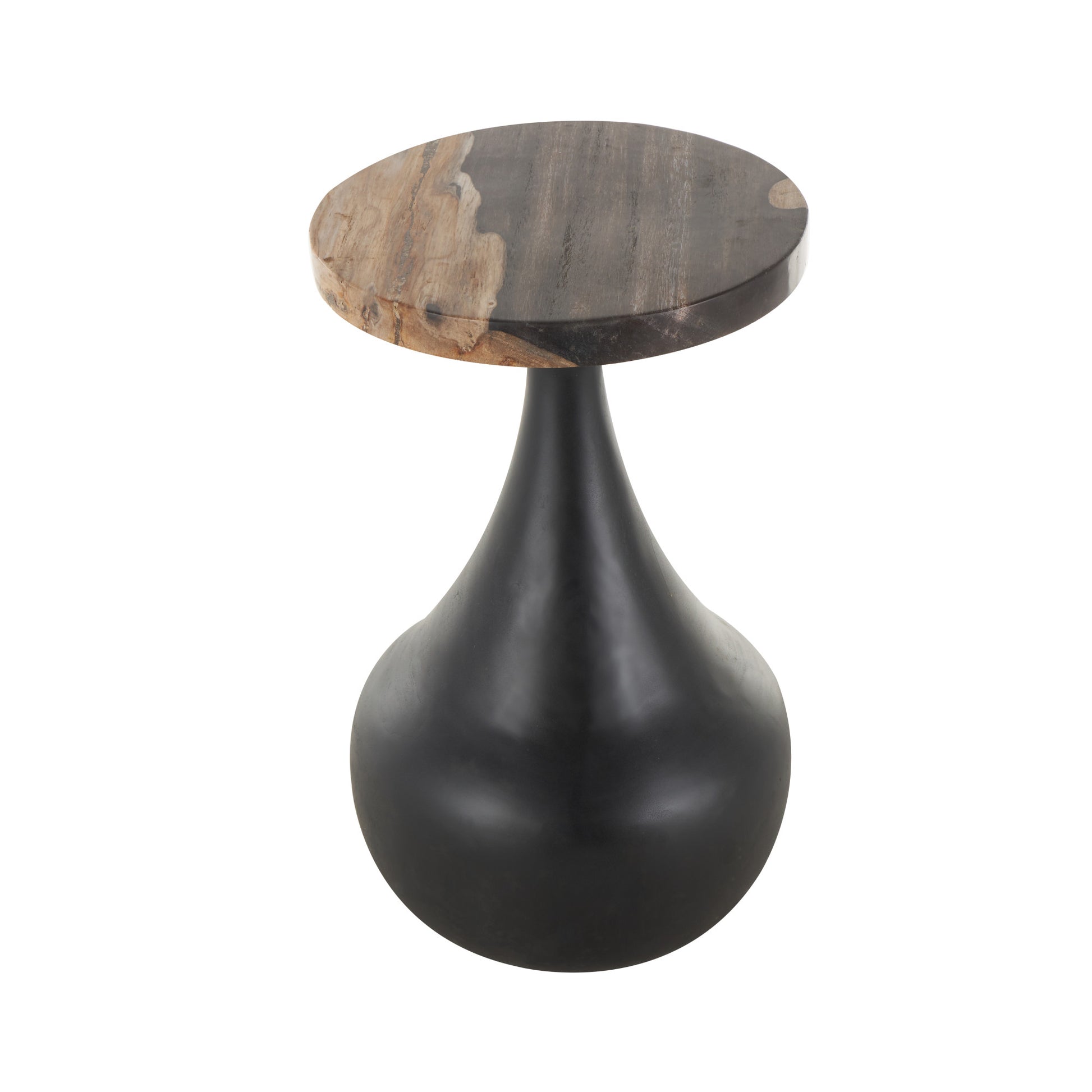 Black Teak Wood Handmade Fluted Side End Accent Table with Brown Tabletop