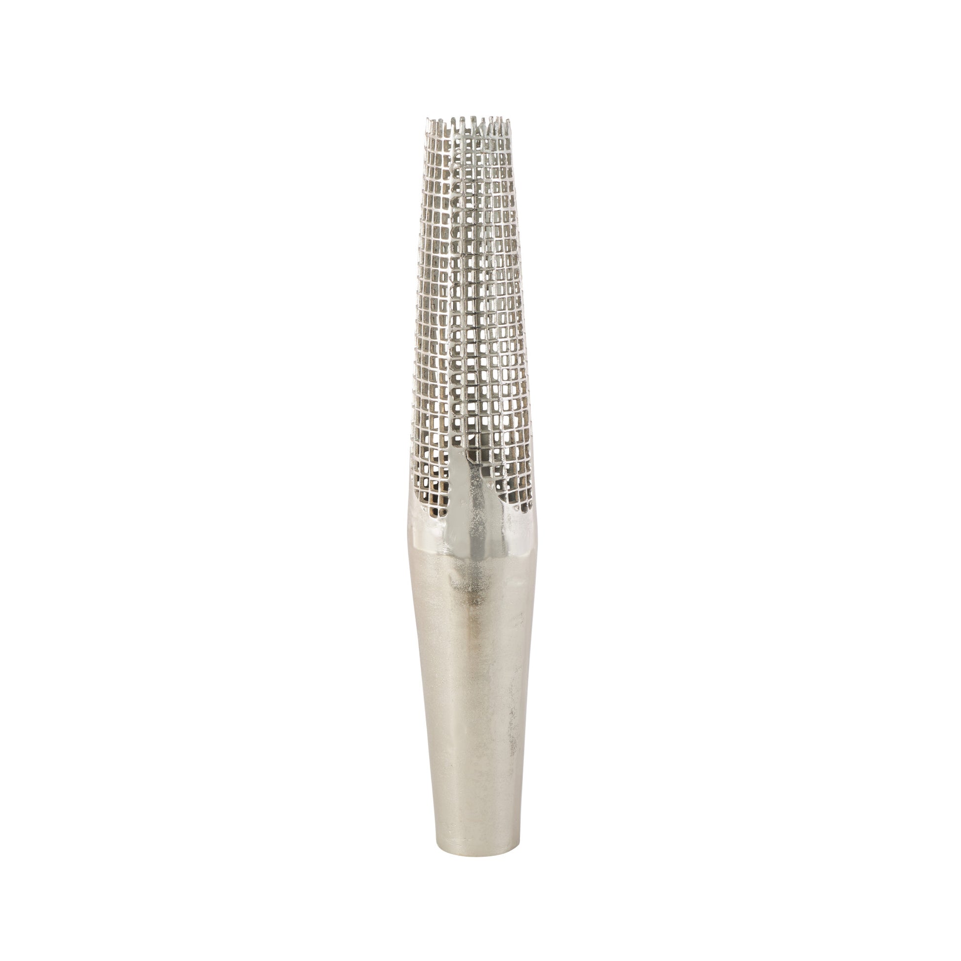 Silver Aluminum Metal Tall Grid Inspired Decorative Vase with Open Frame Design