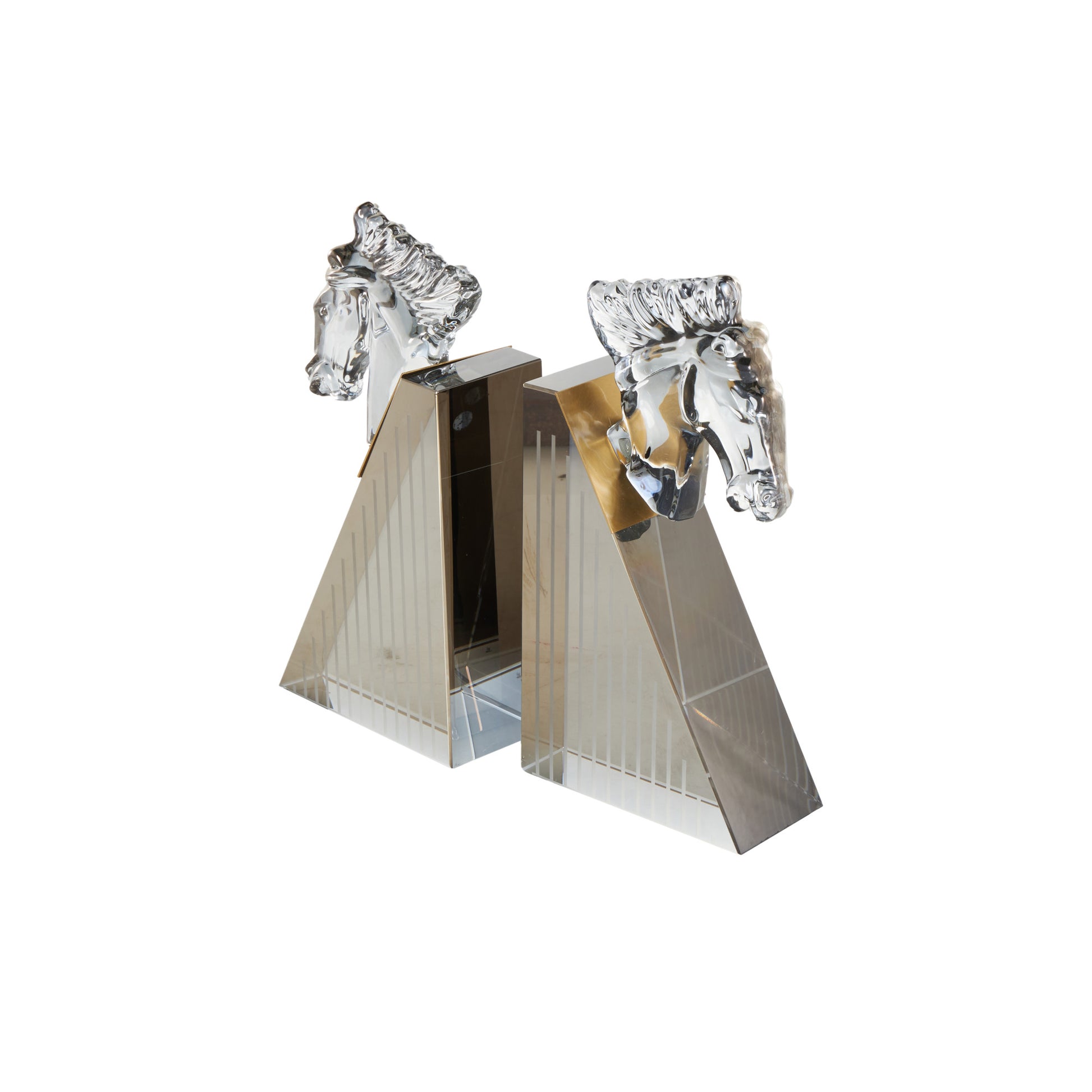Set of 2 Horse Clear Glass Head Decorative Bookends with Pyramid Bases