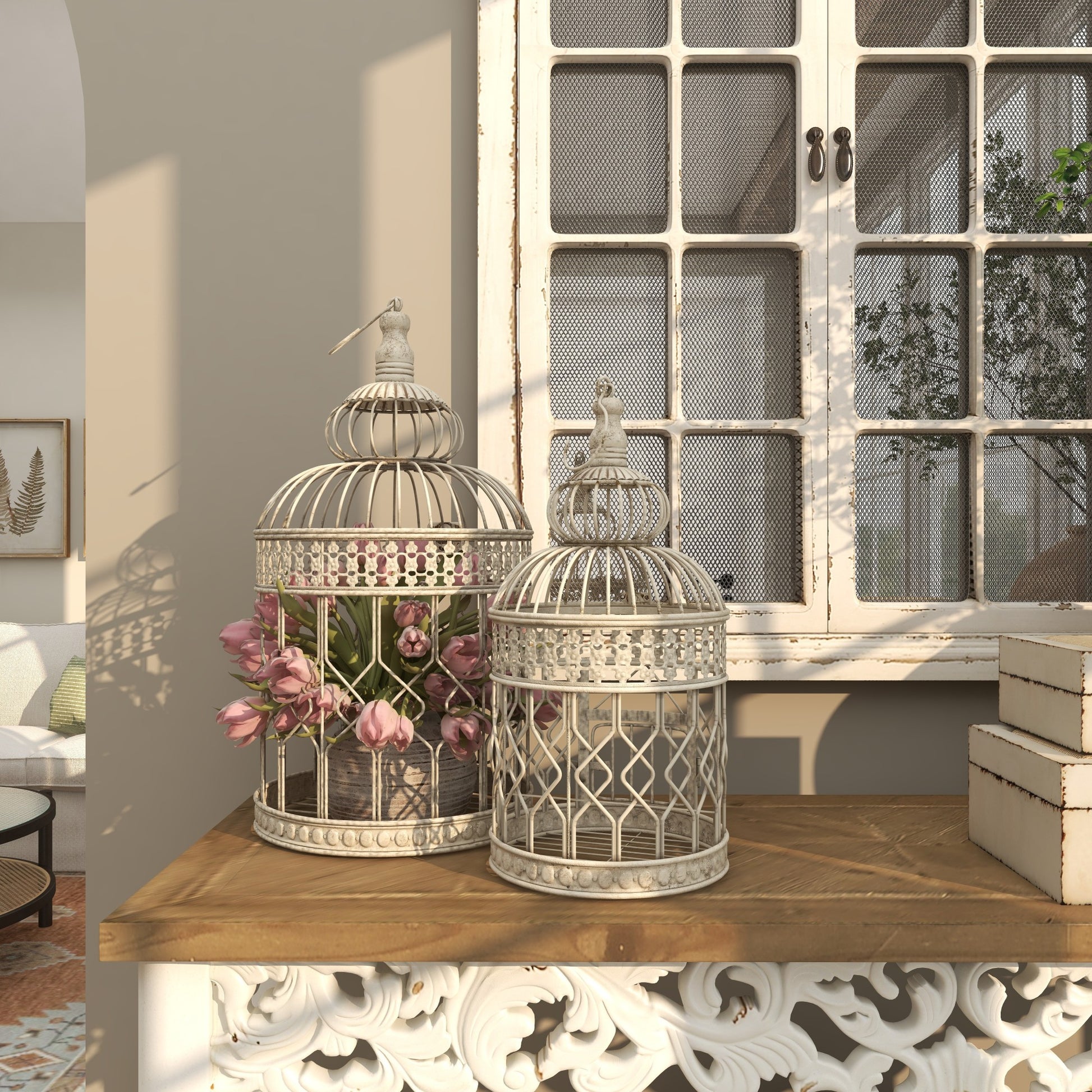 Set of 2 Cream Metal Hinged Top Decorative Birdcage with Latch Lock Closure and Hanging Hook