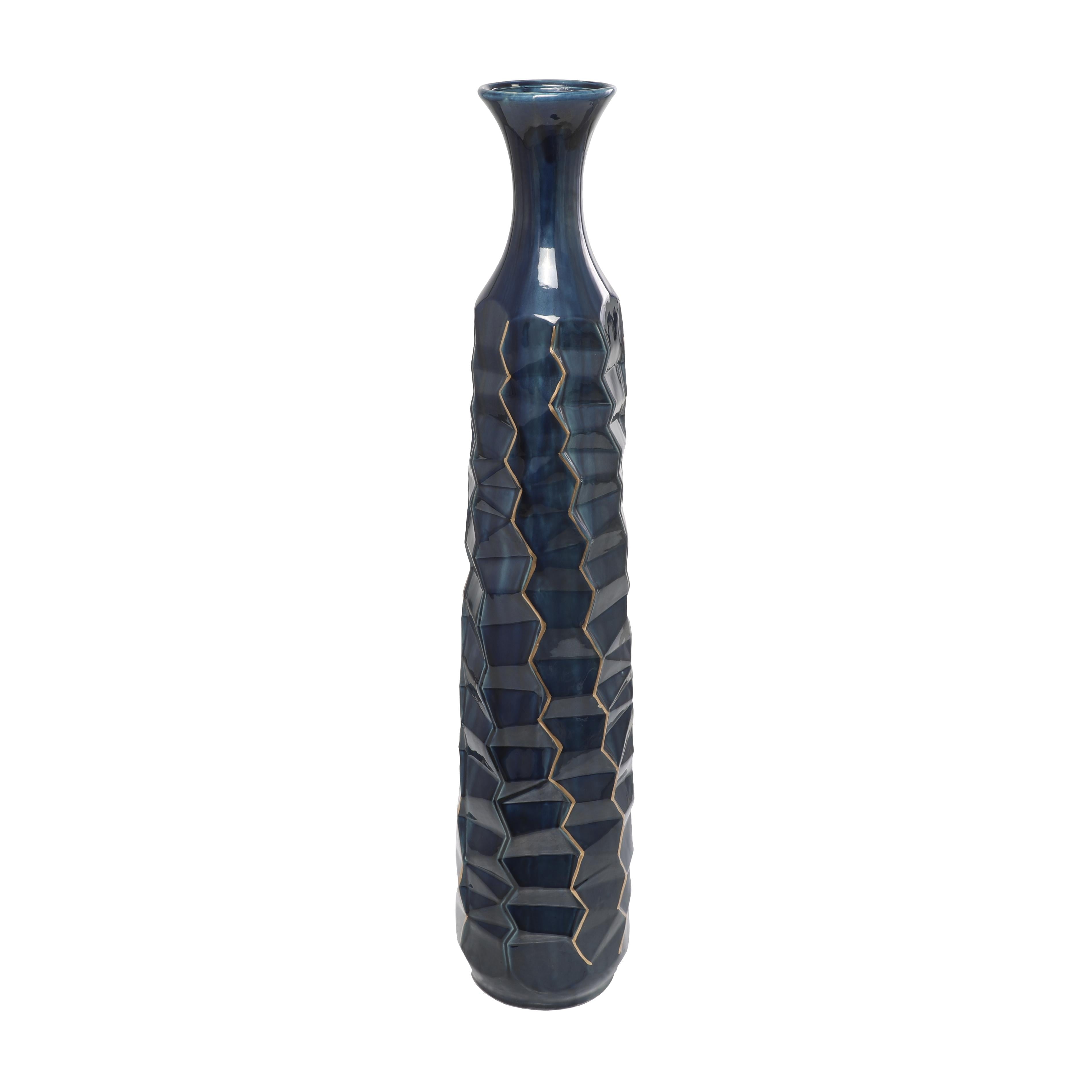 Teal Ceramic Geometric Floor Decorative Vase with Gold Accents