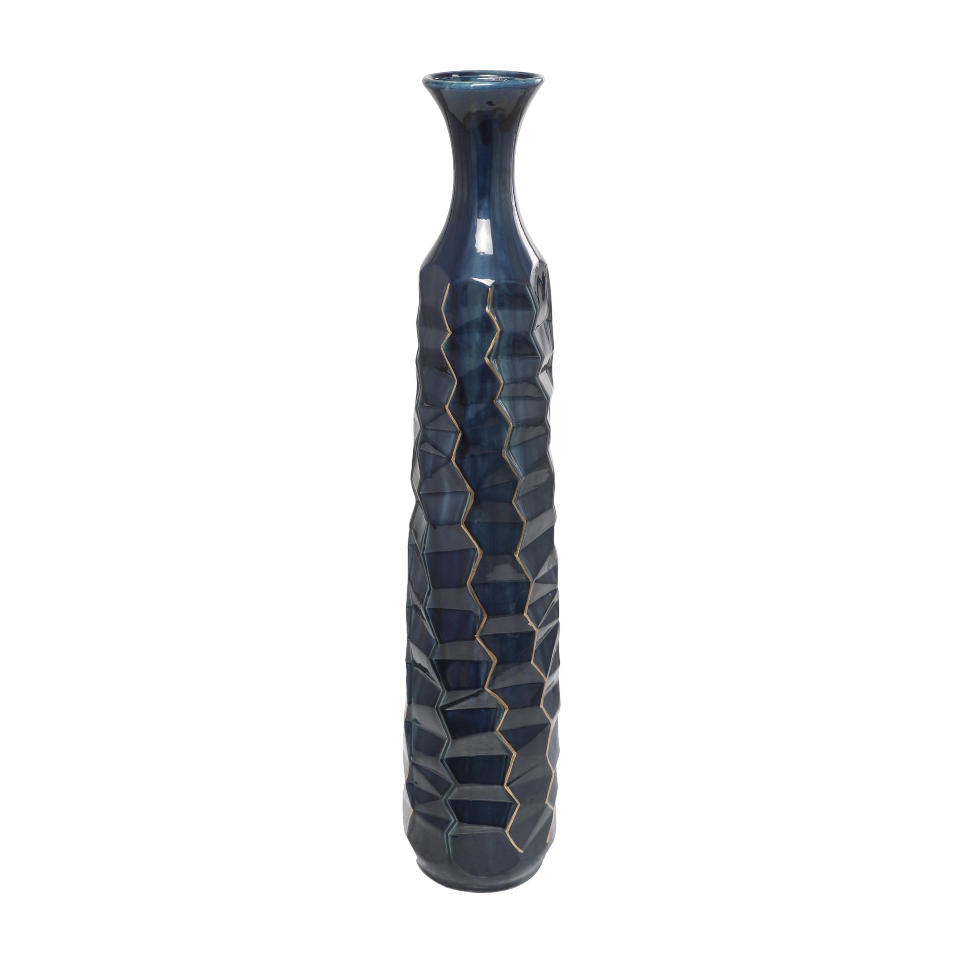 Teal Ceramic Geometric Floor Decorative Vase with Gold Accents