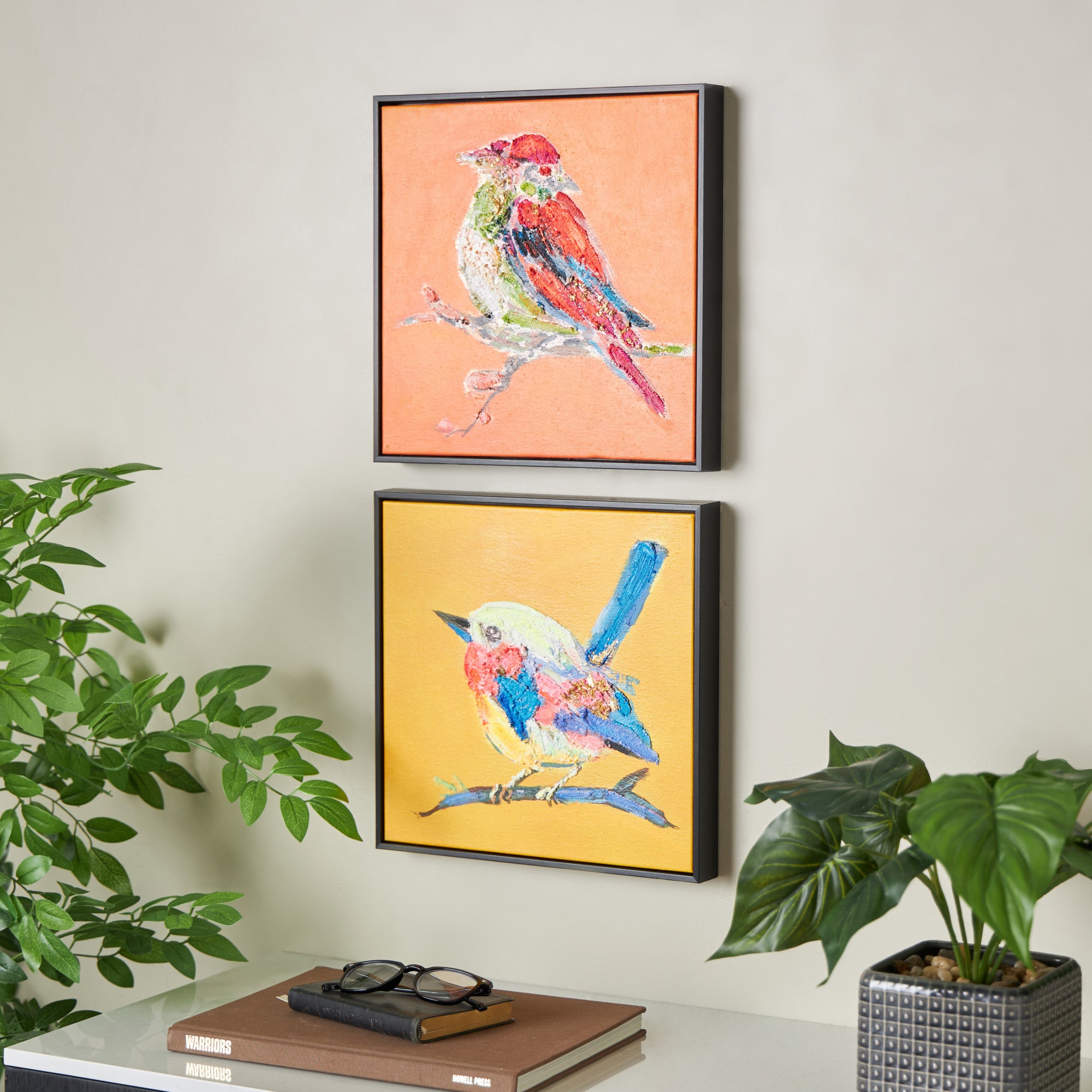Set of 2 Bird Multi Colored Canvas Colorful Living Room Framed Wall Art with Black Frame and Gold Foil Accents