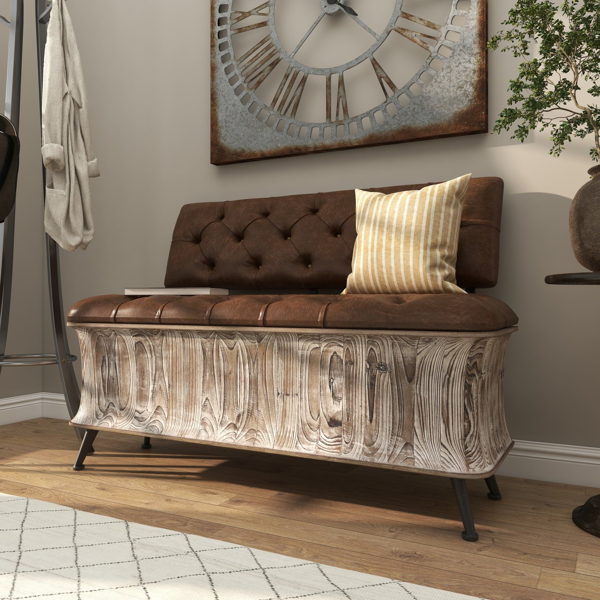 Brown Wood Room Storage Bench with Tufted Faux Leather Seat and Back