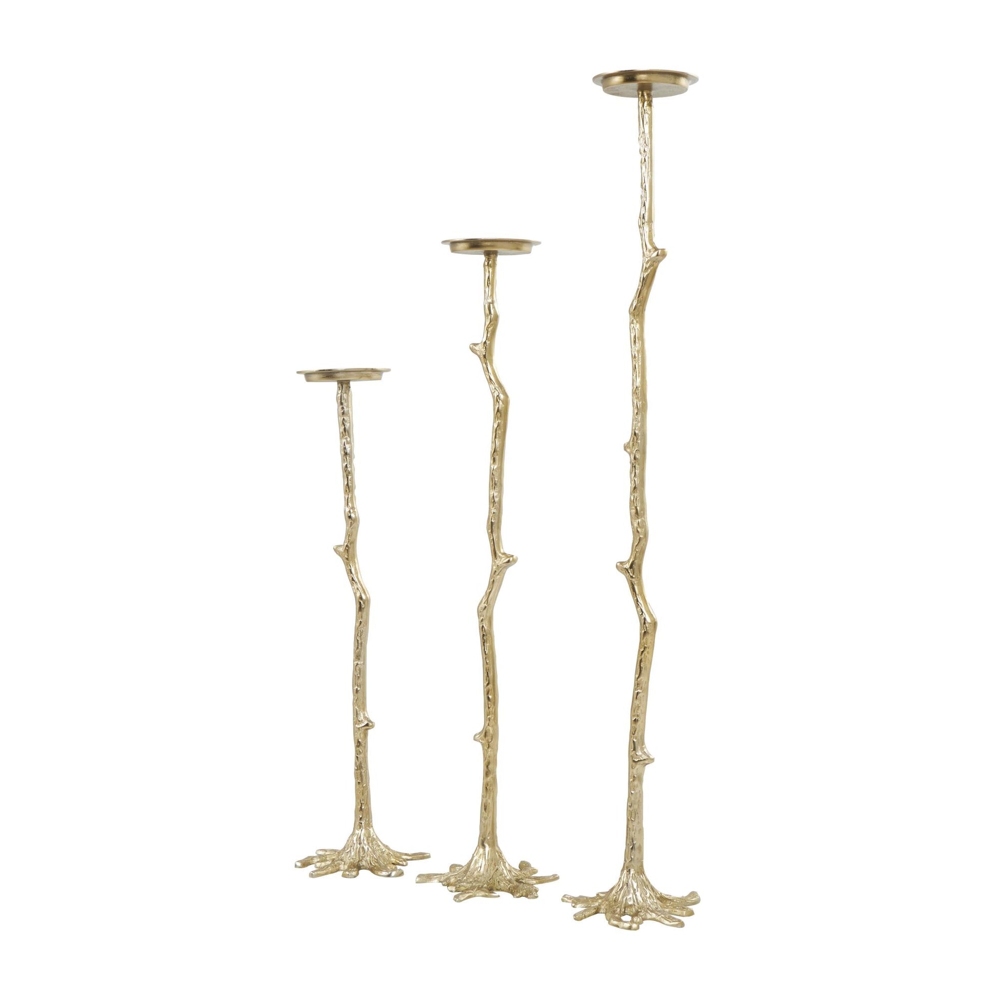 Set of 3 Abstract Gold Aluminum Metal Tall Floor Decorative Candle Holder with Stick Inspired Design