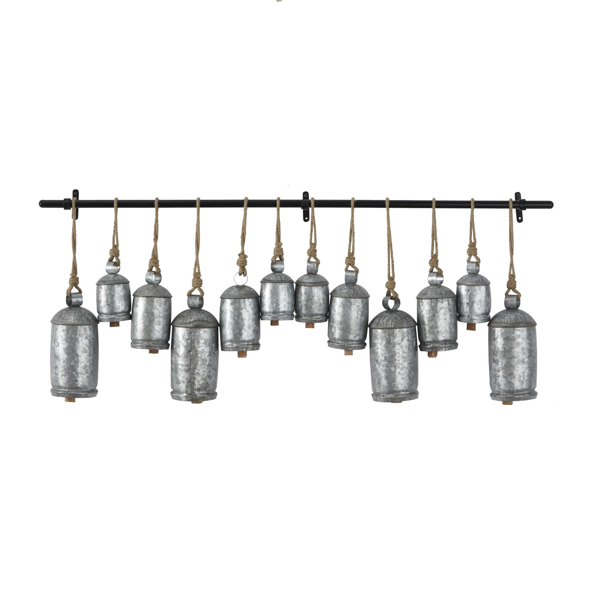 Metal Tibetan Inspired 12 Bell Indoor Outdoor Decorative Cow Bells with Hanging Ropes and Rod