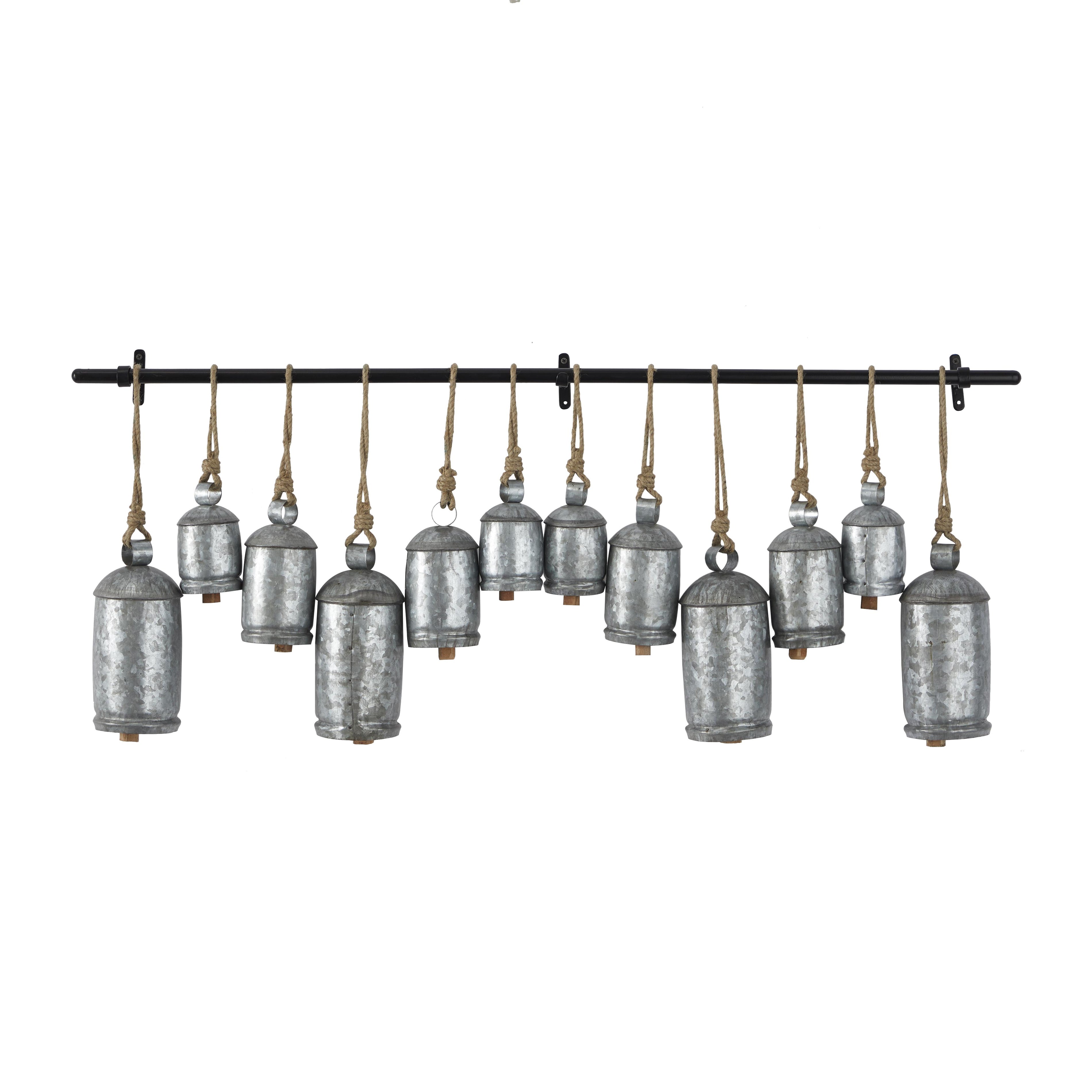 Metal Tibetan Inspired 12 Bell Indoor Outdoor Decorative Cow Bells with Hanging Ropes and Rod