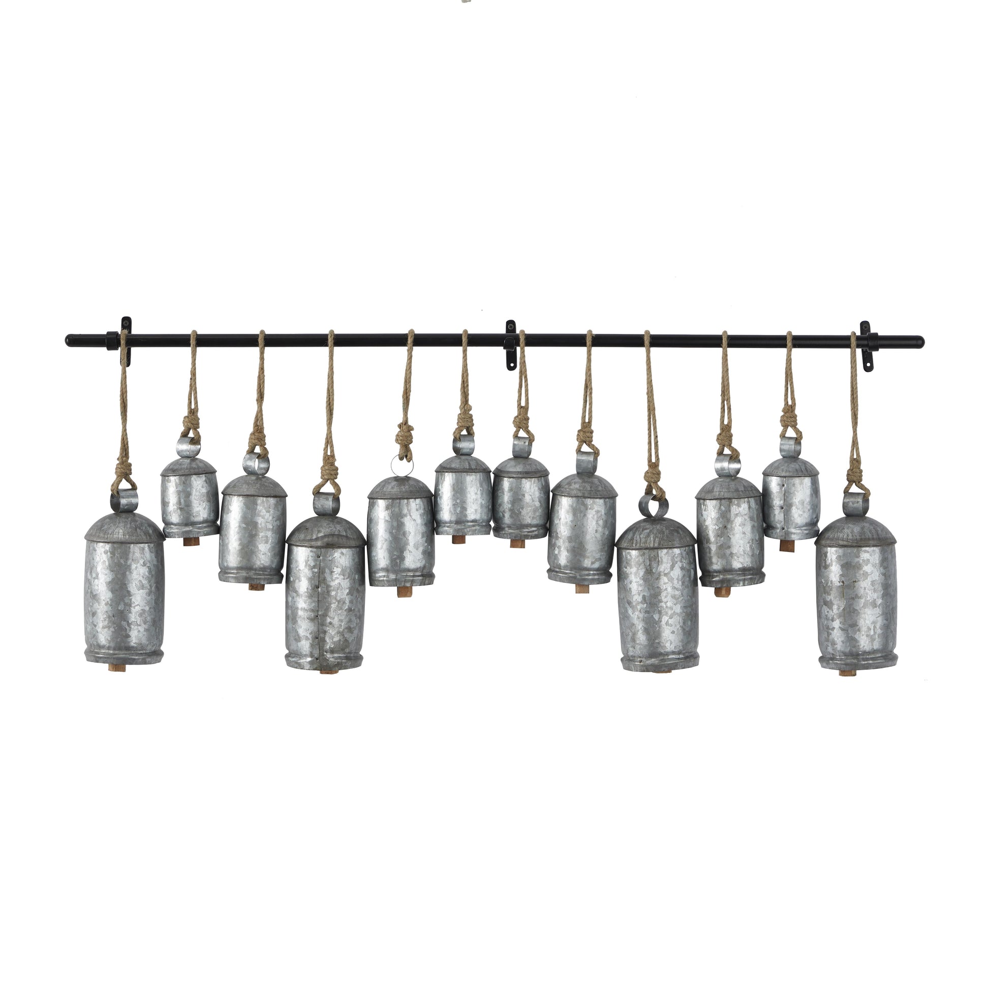 Metal Tibetan Inspired 12 Bell Indoor Outdoor Decorative Cow Bells with Hanging Ropes and Rod