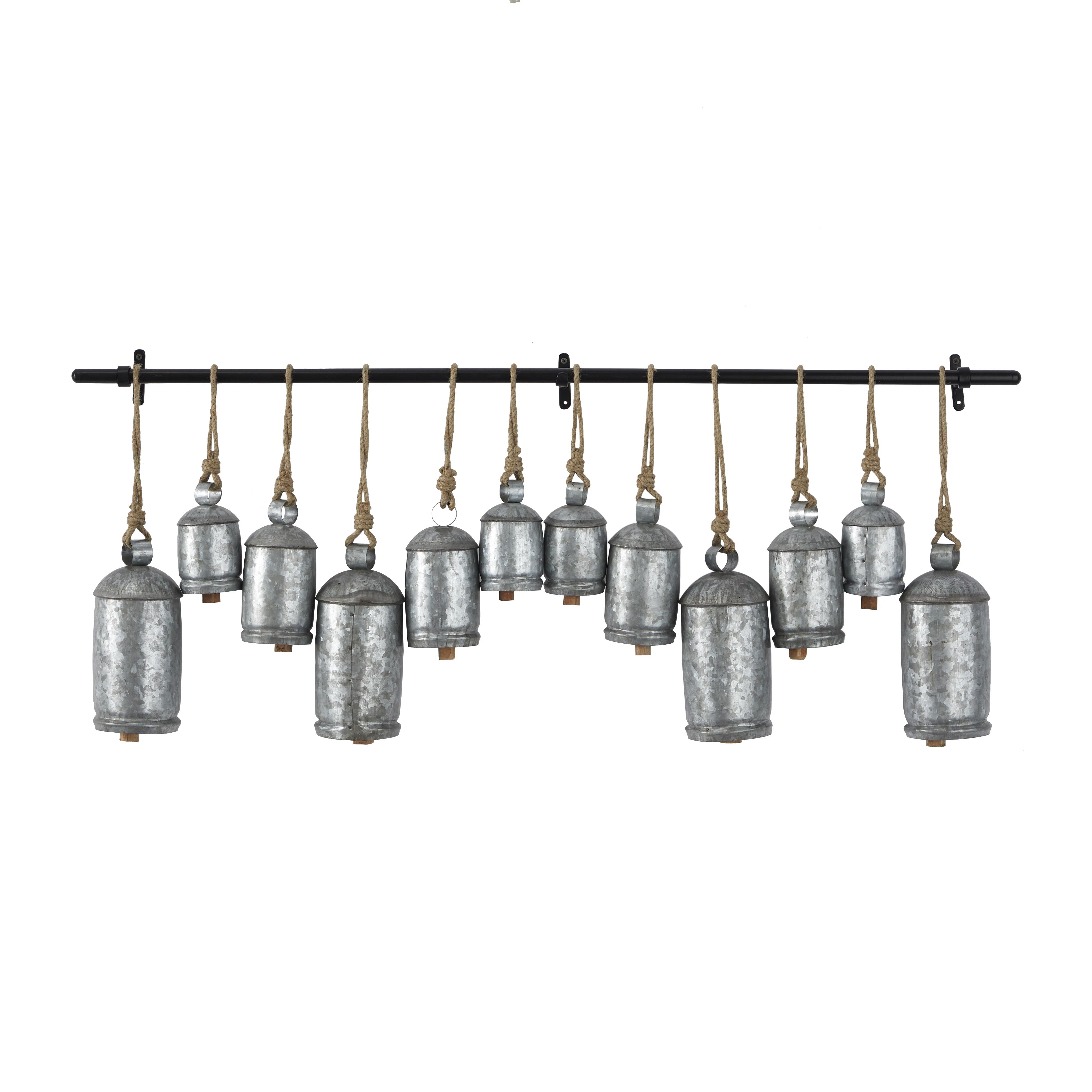 Metal Tibetan Inspired 12 Bell Indoor Outdoor Decorative Cow Bells with Hanging Ropes and Rod