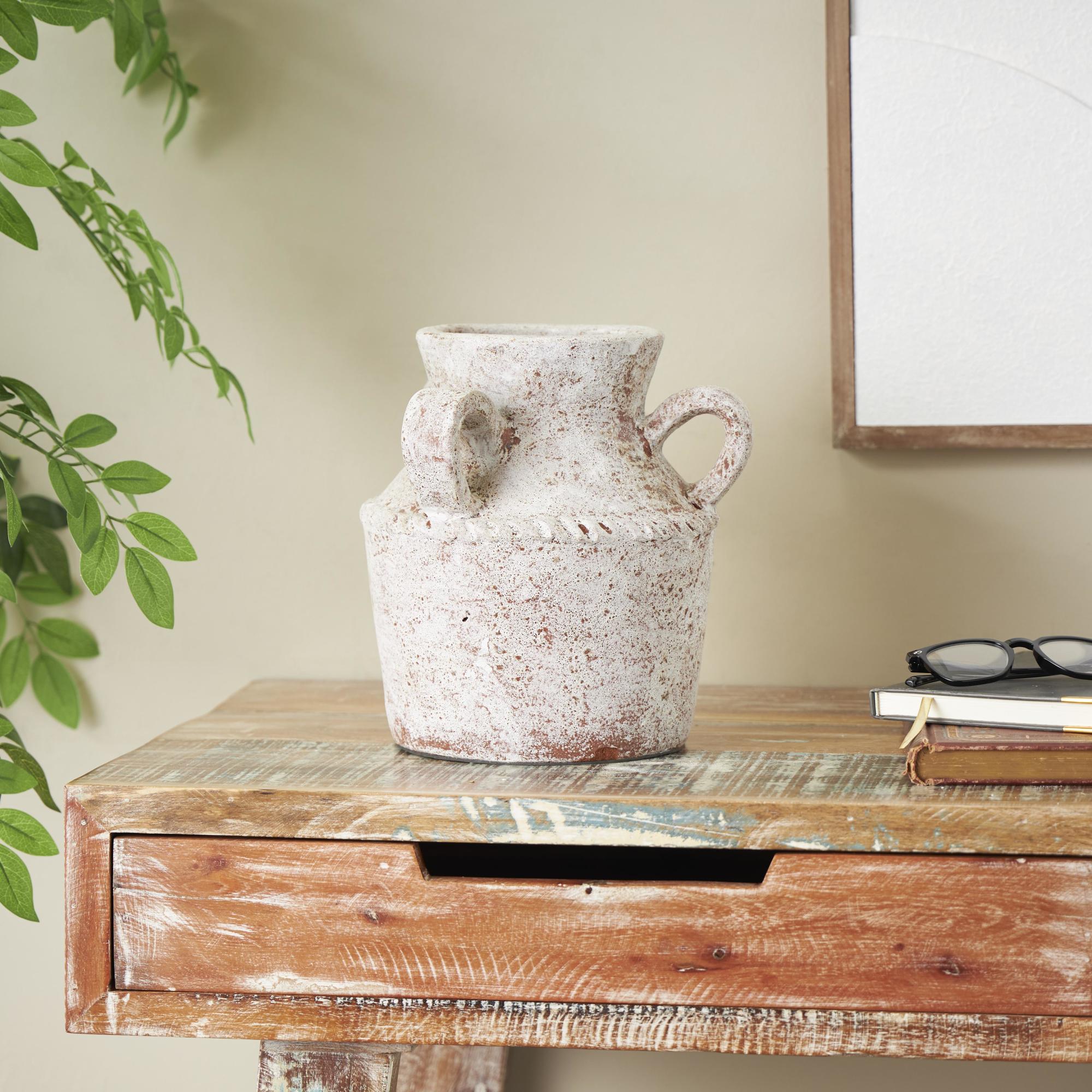White Ceramic Antique Style Textured Decorative Vase with Arched Handles