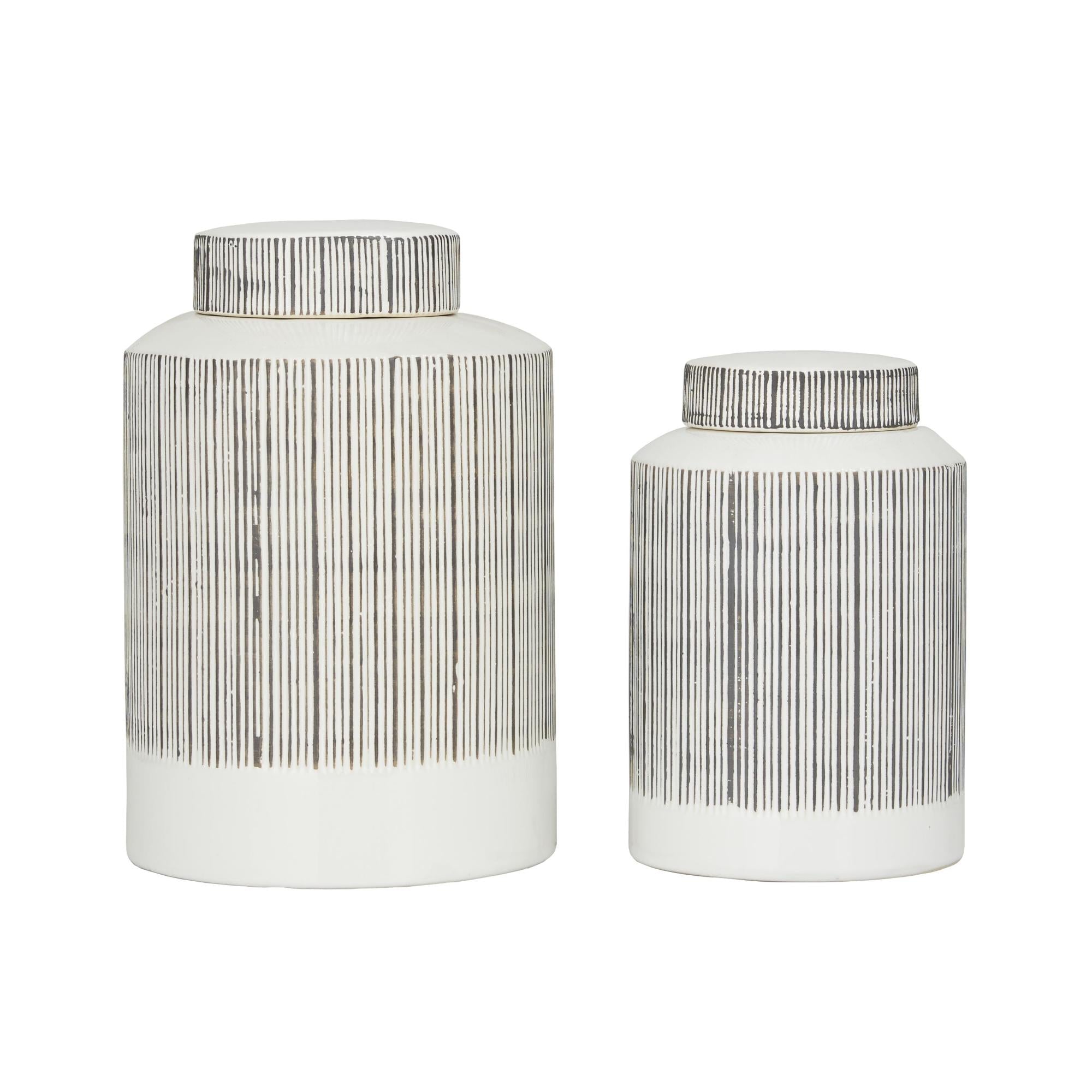 CosmoLiving by Cosmopolitan Set of 2 White Ceramic Striped Living Room Decorative Jars