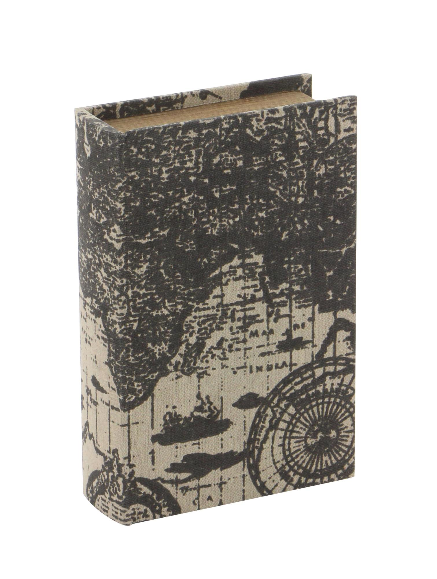 Set of 3 World Map Beige Linen Fabric Faux Book Storage Decorative Box with Black Continents